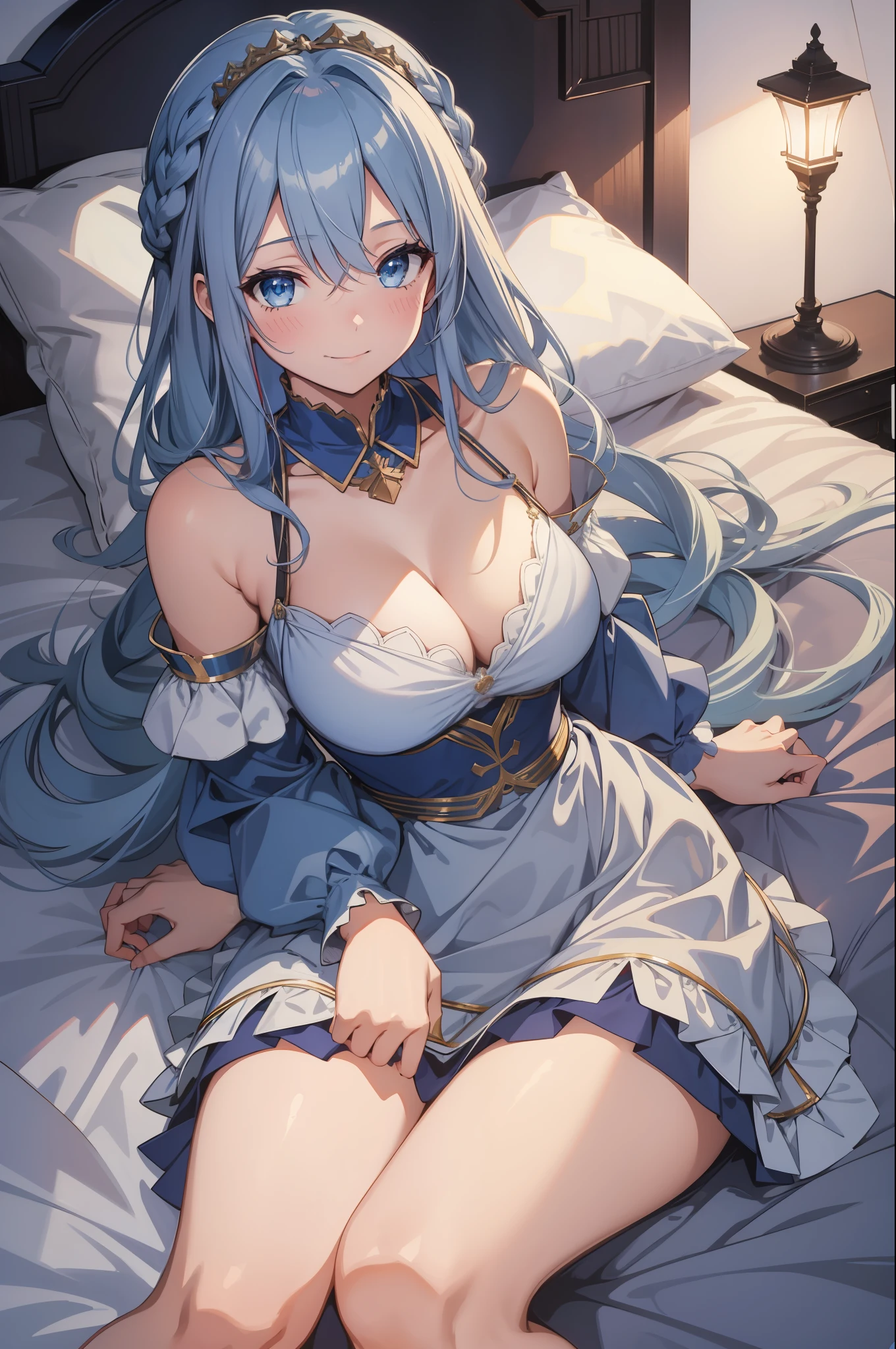 1girl, bare_shoulders, bed, bed_sheet, bedroom, blue_eyes, blue_hair, blush, braid, breasts, cleavage, collarbone, crown_braid, dress, indoors, lamp, large_breasts, long_hair, looking_at_viewer, off_shoulder, on_bed, open_mouth, pillow, puffy_short_sleeves, puffy_sleeves, short_sleeves, smile, solo, very_long_hair,