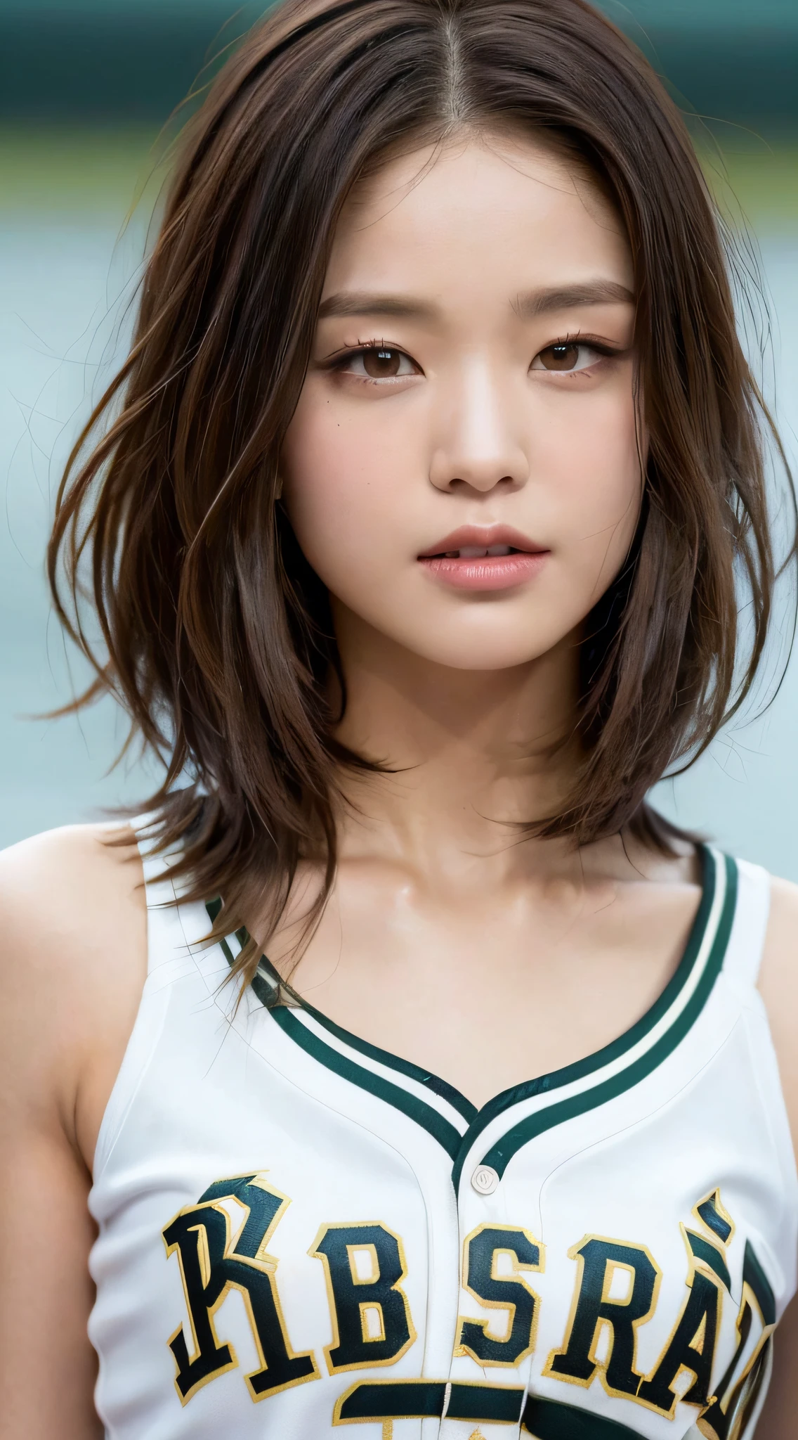((Top Quality, 8K, Masterpiece: 1.3)), Sharp: 1.2, Perfect Body Beauty: 1.4, Slim Abs: 1.2, ((Layered Hairstyle, Big: 1.2)), Wet: 1.5, Highly Detailed Face and Skin Texture, Detailed Eyes, Double Eyelids, Aspect Looking at the Camera, Golden Hair, Bullish, (Baseball: 1.2)