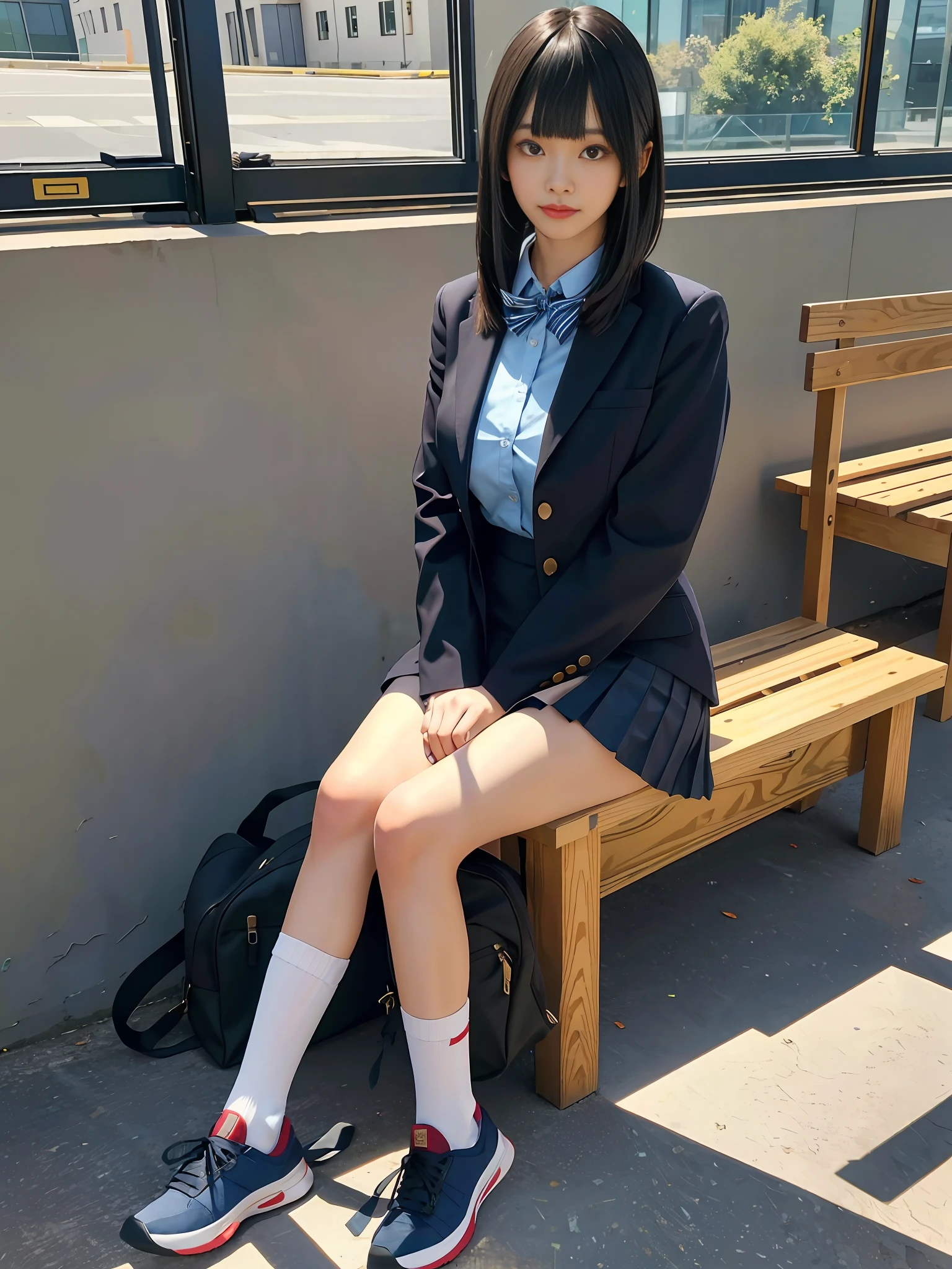 Photograph of 2 young Japanese schoolgirls wearing school uniform, school shoes and socks, full body and legs, perfect body beauty: 1.4, ((long black fringe-cut and bangs hair, Big breasts: 1.3)((Realistic lighting, Best quality, 8K, Masterpiece: 1.3)), Clear focus: 1.2, ), City streets, ultra-fine face, fine eyes