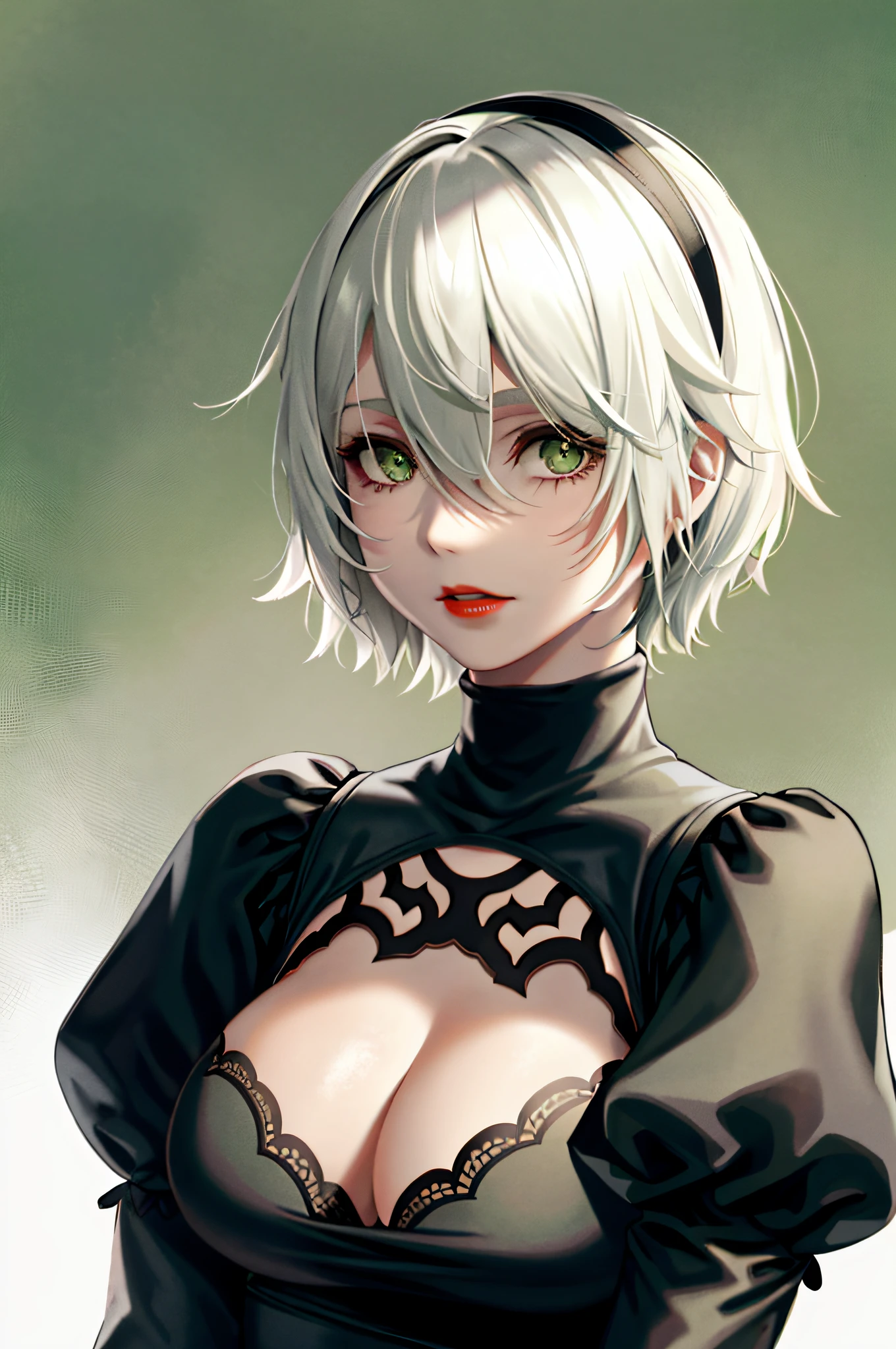 breasts, cleavage, green background, hair between eyes, hairband, highres, juliet sleeves, long sleeves, nier (series), nier automata, puffy sleeves, red lips, shaded face, short hair, solo, turtleneck, upper body, white hair, sky