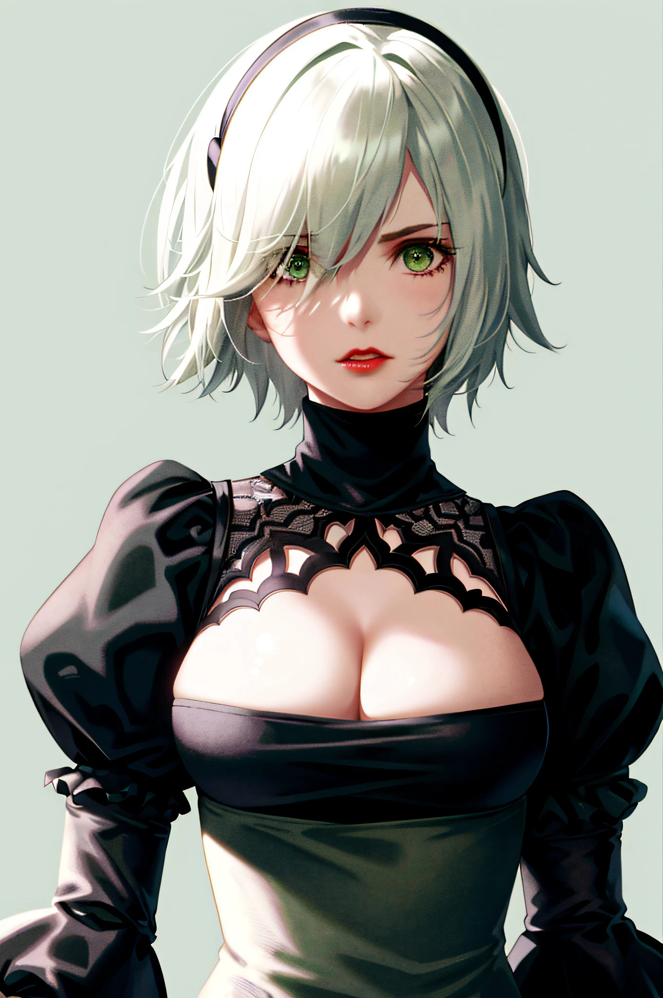 breasts, cleavage, green background, hair between eyes, hairband, highres, juliet sleeves, long sleeves, nier (series), nier automata, puffy sleeves, red lips, shaded face, short hair, solo, turtleneck, upper body, white hair, sky