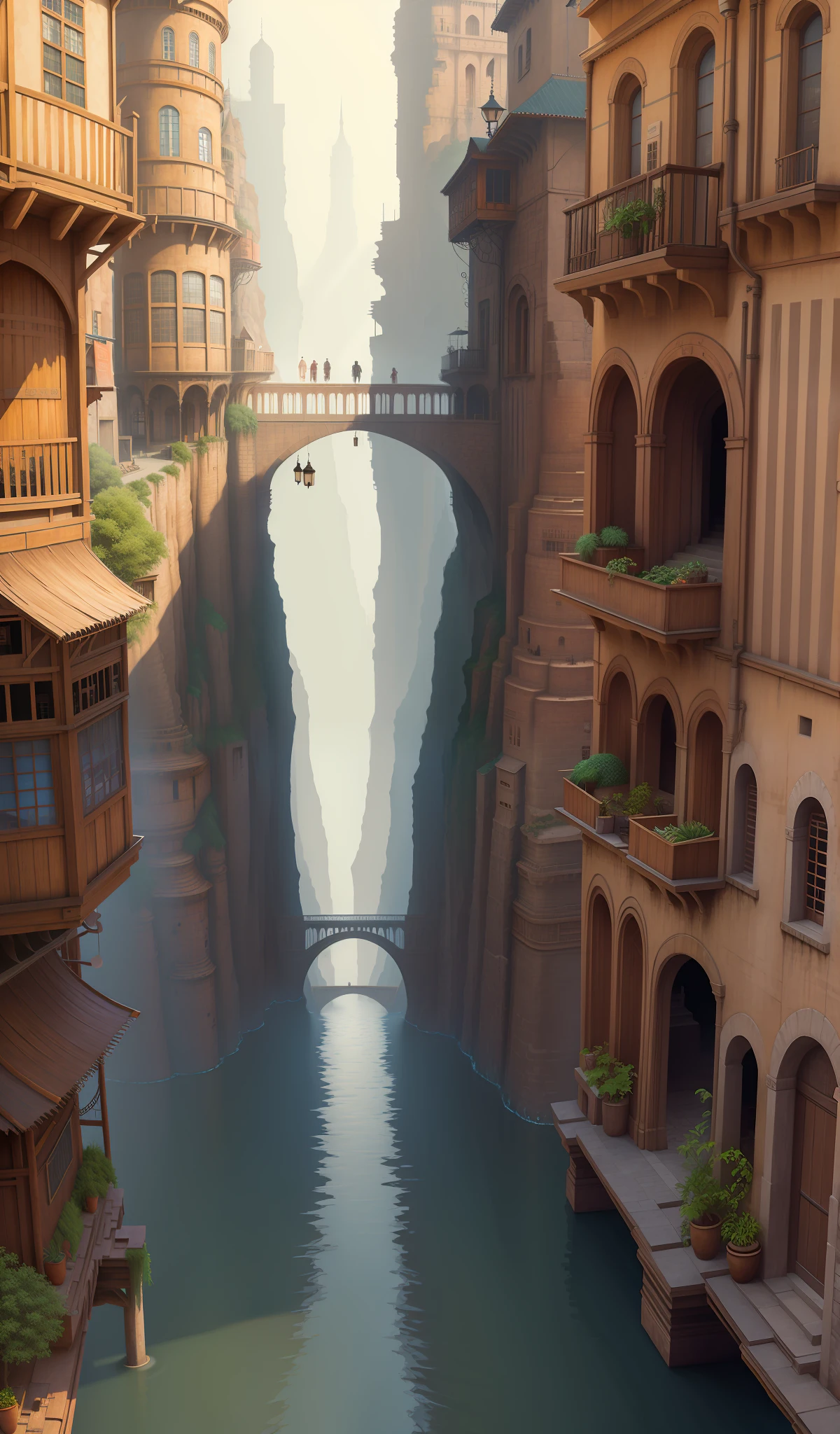 Deep valley in the middle, building streets, bazaars, bridges, rainy days, steampunk, European architecture