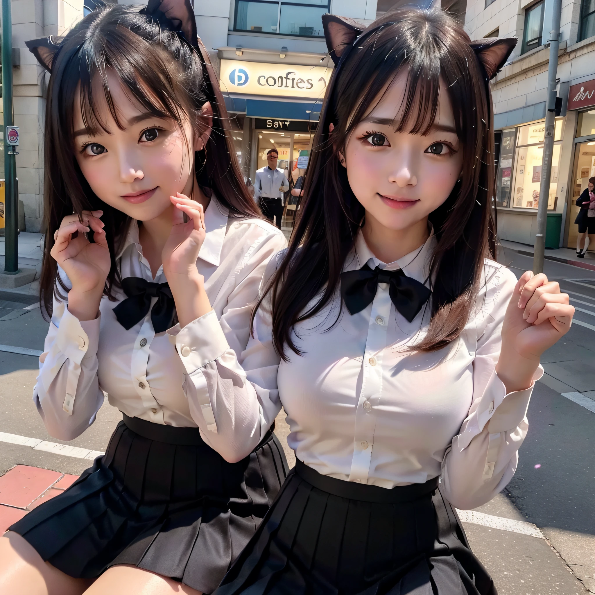 There is a woman who is on the street with a purse, fat pigeon, fat cat,(8k, RAW photo, best quality, masterpiece: 1.2), (realistic, photo-realistic: 1.37), ultra-detailed, 1 girl, cute, solo, beautiful detailed sky, detailed coffee, night, sitting, dating, (flushed nose), (smile: 1.1), medium breasts, beautiful detailed eyes, (collared shirt: 1.1), bow tie, pleated skirt,