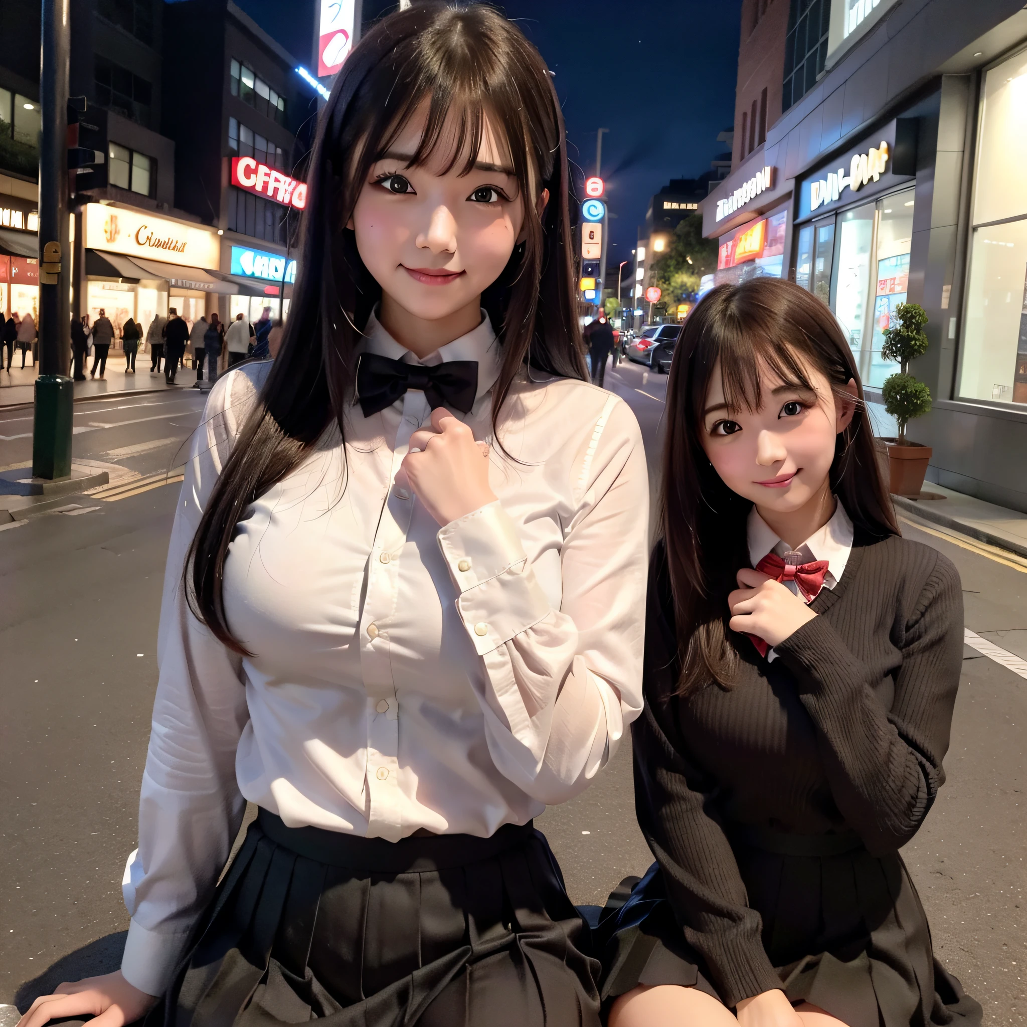 There is a woman who is on the street with a purse, fat pigeon, fat cat,(8k, RAW photo, best quality, masterpiece: 1.2), (realistic, photo-realistic: 1.37), ultra-detailed, 1 girl, cute, solo, beautiful detailed sky, detailed coffee, night, sitting, dating, (flushed nose), (smile: 1.1), medium breasts, beautiful detailed eyes, (collared shirt: 1.1), bow tie, pleated skirt,
