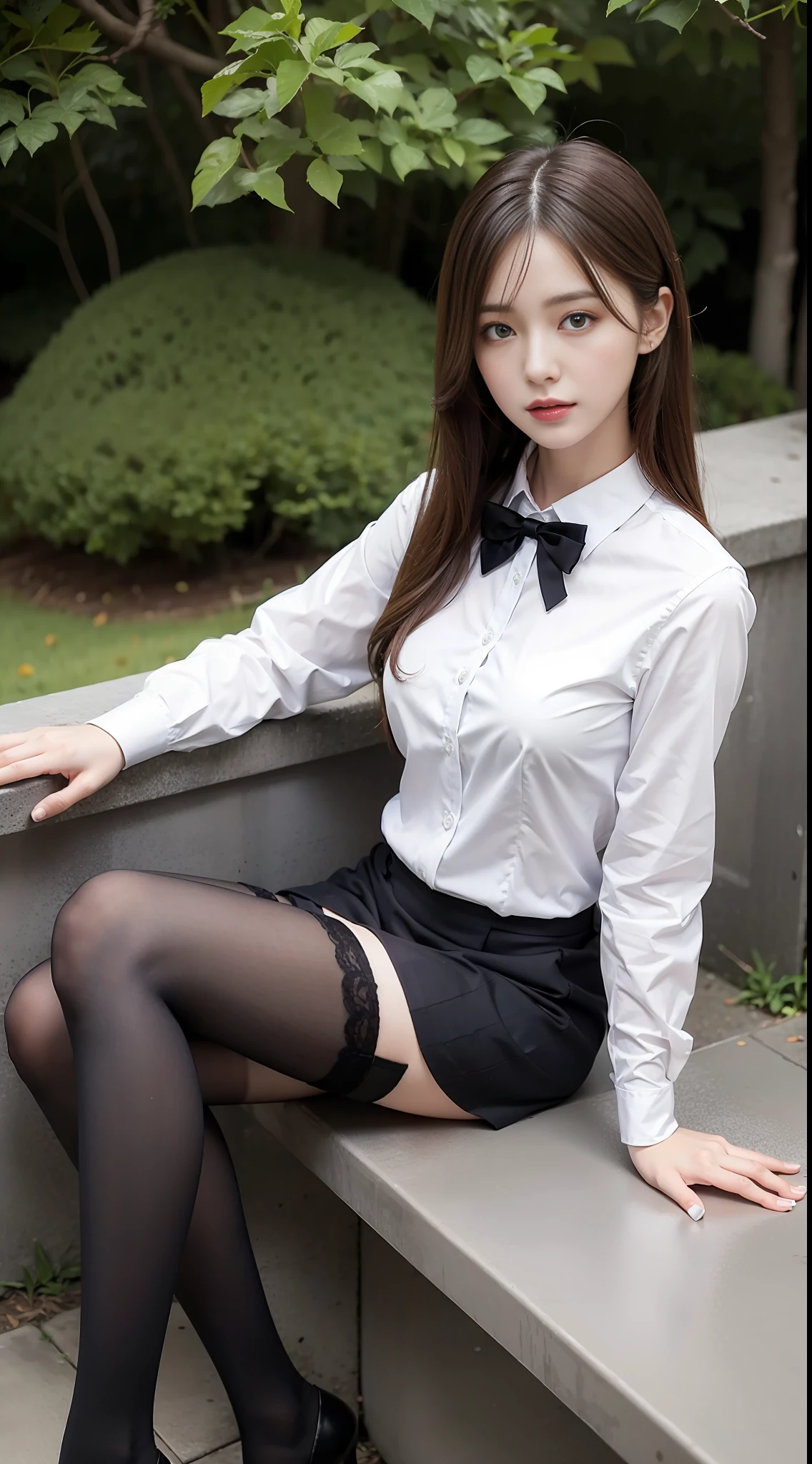 Best quality, full body portrait, delicate face, pretty face, 25 year old woman, slim figure, small bust, OL uniform, office clothes, black stockings, outdoor scene, sitting position