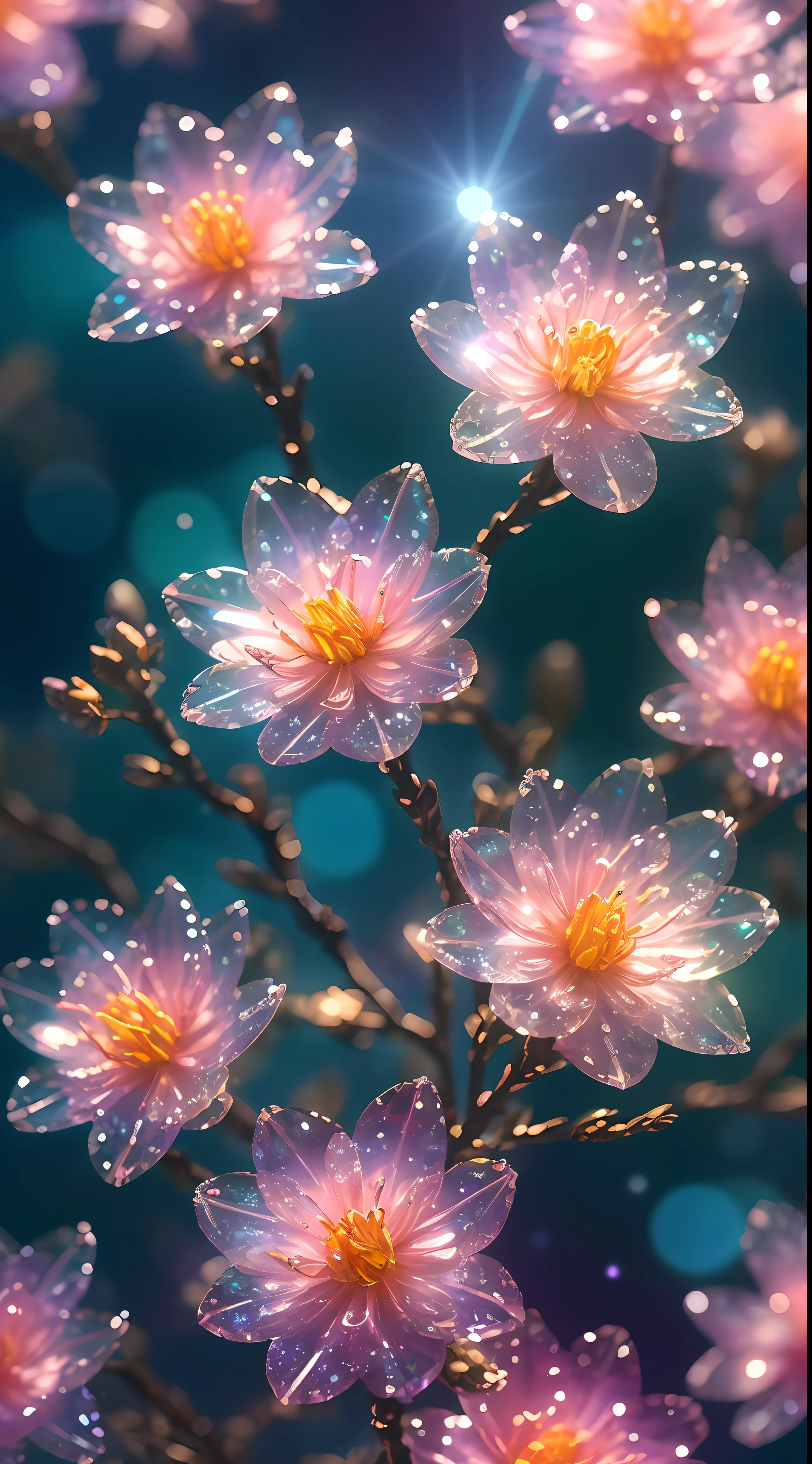 crystal spring blossom,
fantasy, galaxy, transparent,
shimmering, sparkling, splendid, colorful,
magical photography, dramatic lighting, photo realism, ultra-detailed, 4k, Depth of field, High-resolution
