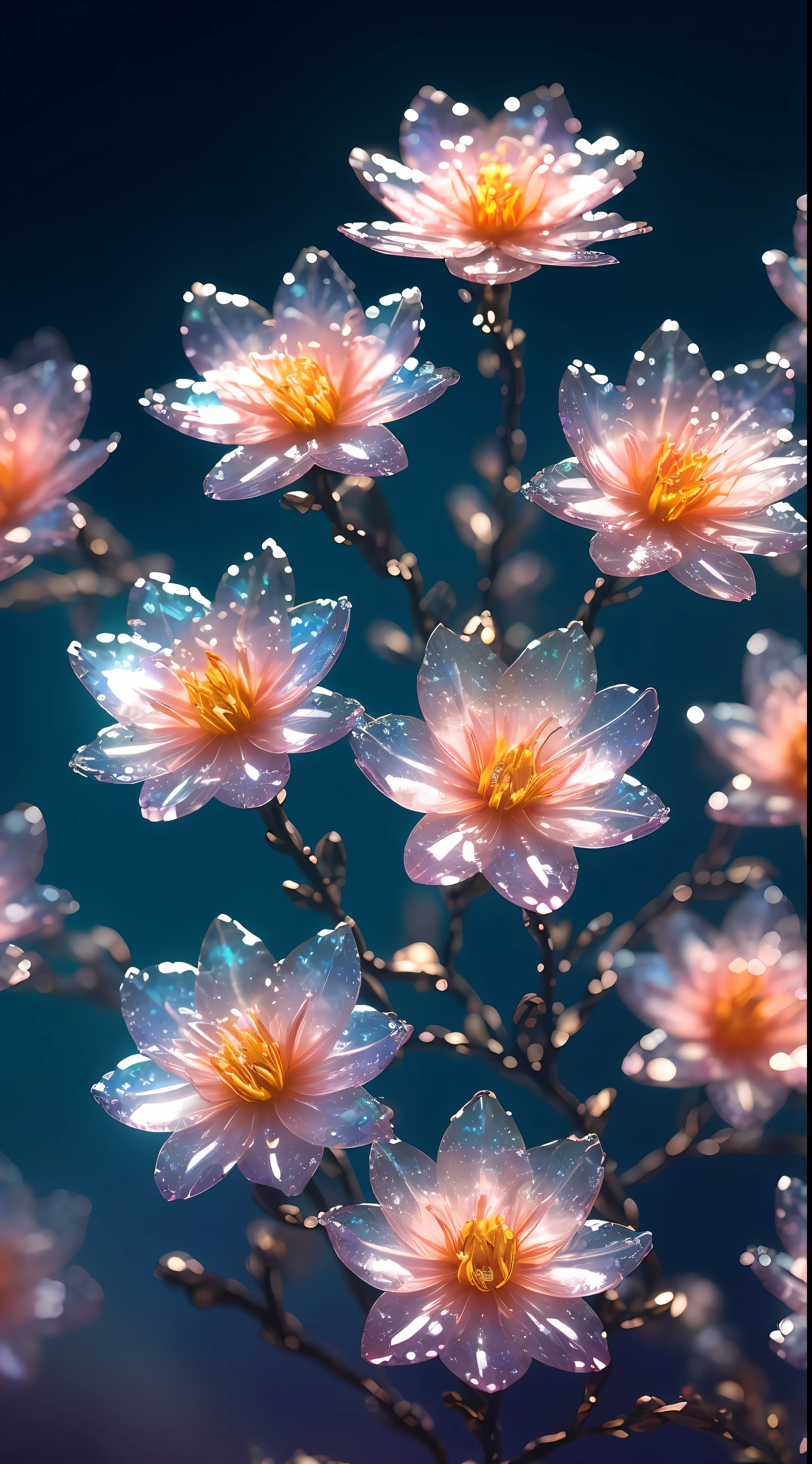 crystal spring blossom,
fantasy, galaxy, transparent,
shimmering, sparkling, splendid, colorful,
magical photography, dramatic lighting, photo realism, ultra-detailed, 4k, Depth of field, High-resolution
