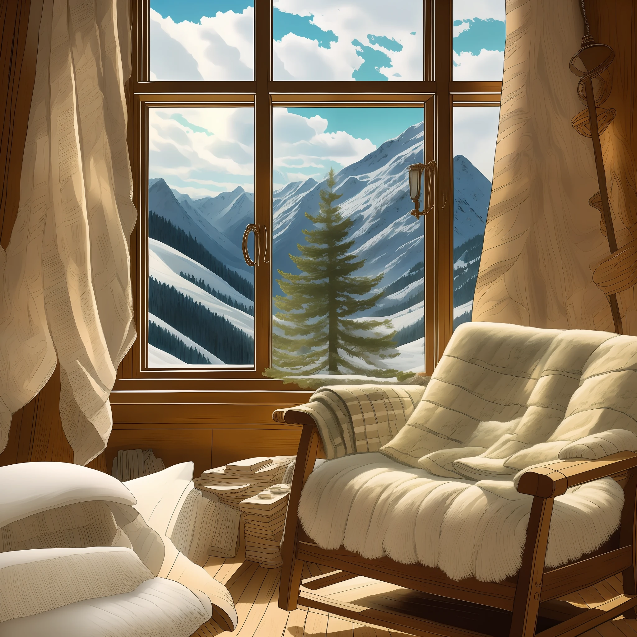 There's a simple, comforting scene. In a cozy and rustic chalet in the mountains, a minimalist atmosphere is evident. The décor is composed of soft tones of white and natural wood, conveying serenity and peace. The living room features a lit fireplace, providing warmth and a cosy atmosphere. A comfortable armchair with a soft blanket is positioned next to the window, which offers a breathtaking view of a serene forest. The simplicity of the scene, combined with the warmth and surrounding nature, conveys a sense of tranquility and comfort.