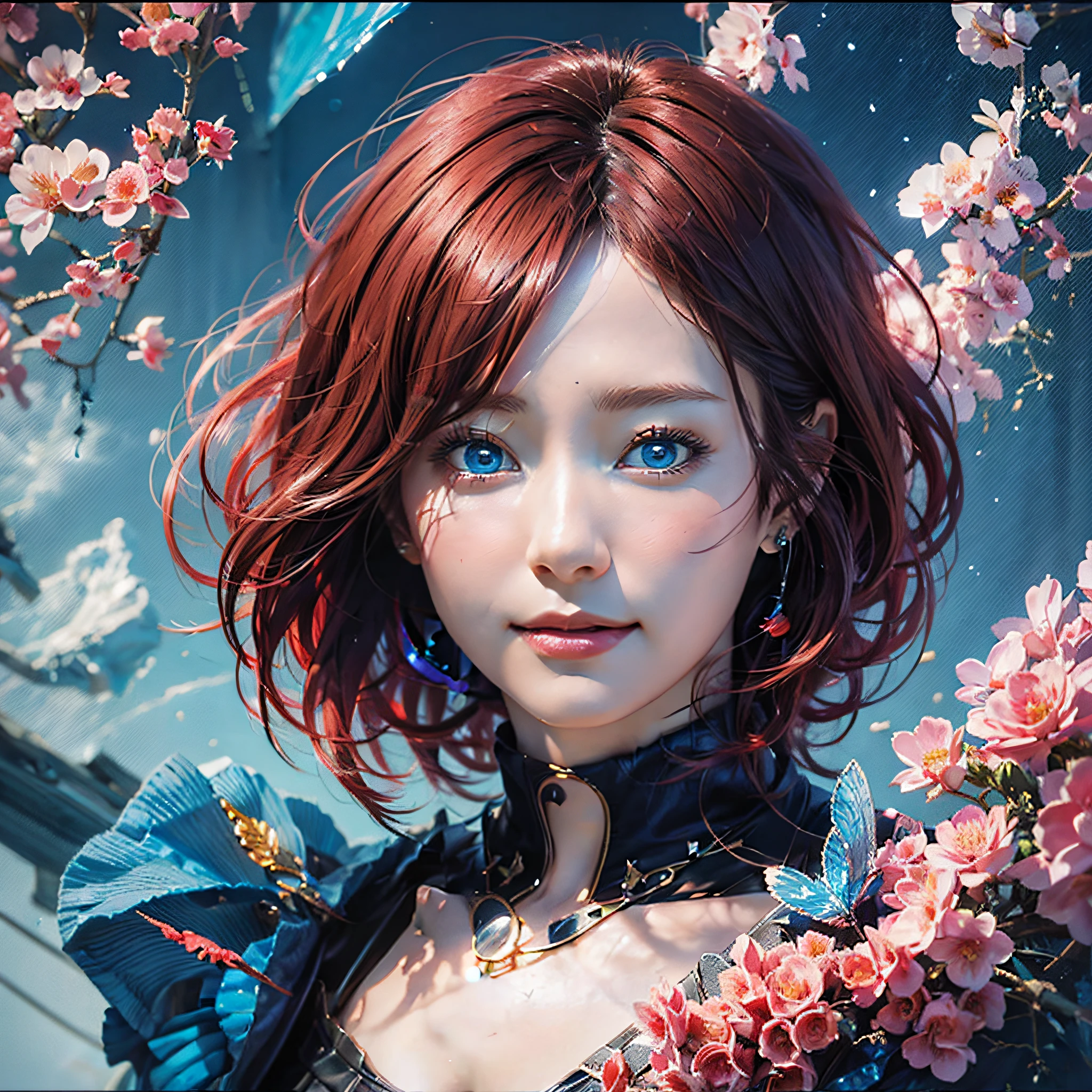 Mother Nature, High Definition RAW Color Photo Professional Close Photo, [:(High Definition Face: 1.2):0.1], (PureErosFace_V1:0.6), Pore, Real Human Skin, (8K, Best Quality, Masterpiece: 1.2), (Realistic, Photorealistic, Photorealistic: 1.37), (8K, Best Quality, Masterpiece: 1.2), (Realistic, Photorealistic, Photorealistic: 1.37), short hair, blue dress woman, red hair, beautiful character painting, detailed digital anime art, gwaiz style artwork, detailed portrait of anime girl, rostran 8K, stunning character art, photorealistic anime girl rendering, there are 2. 5D CGI anime fantasy artwork, beautiful digital artwork, 8k high quality detail art, beautiful anime portrait, smile, full body, red hair, braided blue eyes, blue eyes,