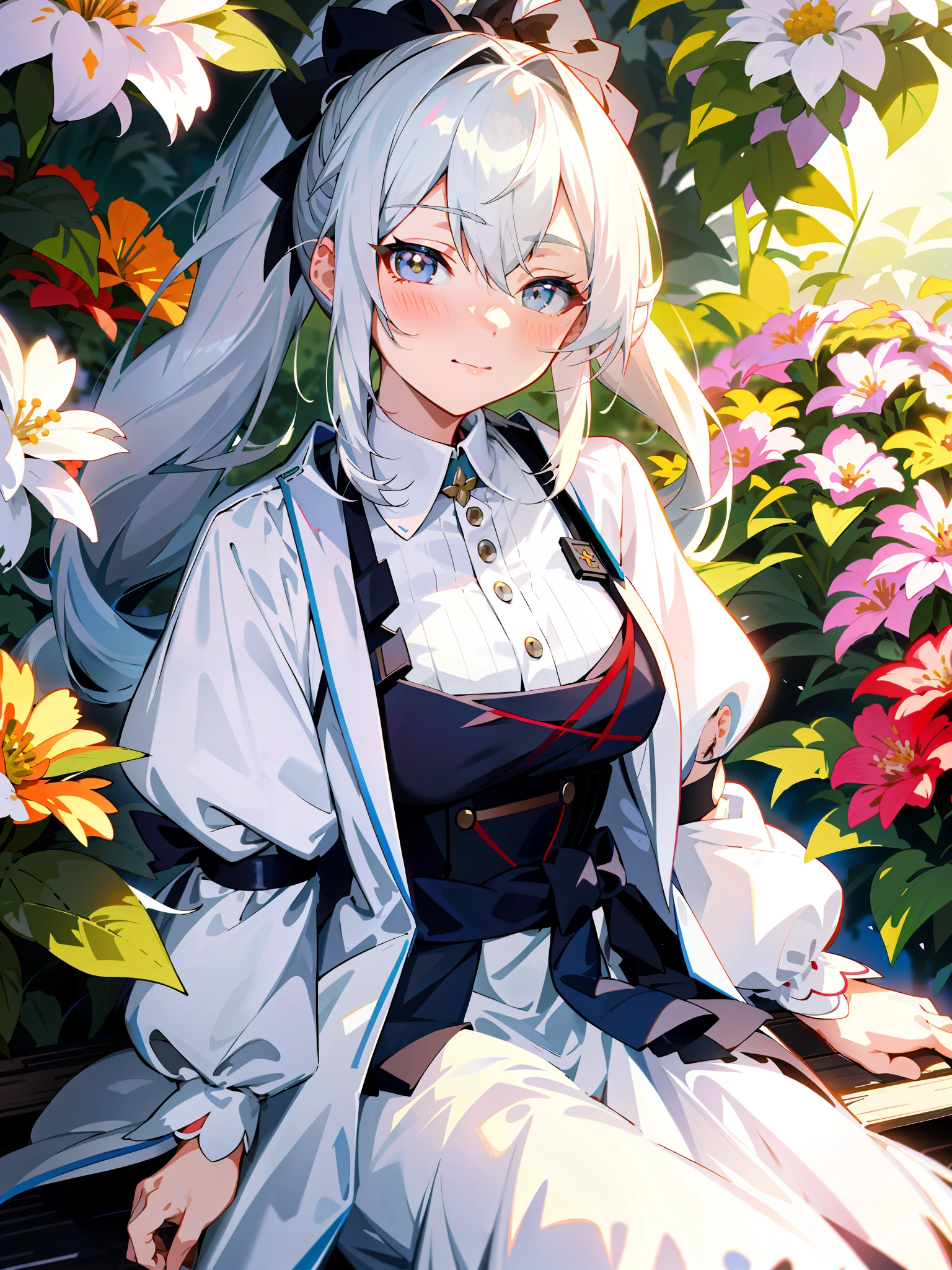 anime girl sitting on a bench in a garden with flowers, white haired deity, anime visual of a cute girl, beautiful anime portrait, silver hair (ponytail), perfect white haired girl, loli in dress, sakimichan, from girls frontline, cute anime waifu in a nice dress, kantai collection style, marin kitagawa fanart, girls frontline style