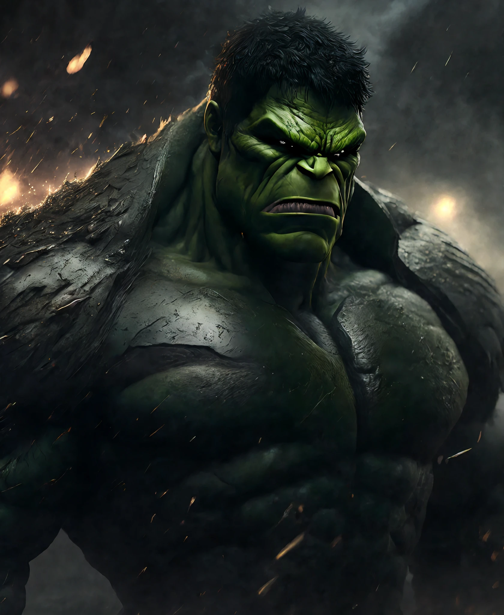 Close-up (Hulk from Marvel in Viking style: 1.3) emerging from wet black mud, extremely detailed, smoke, sparks, metal shavings, flying debris, volumetric light