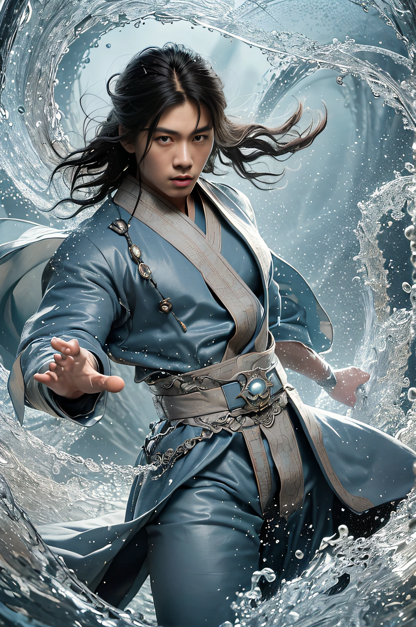 Best quality, masterpiece, super high resolution, hanfu, jade water book, black hair, water, waves, crashing waves, spells, fa gong, (absurd, high resolution, super detailed), Asian, 1 male, eighteen-year-old boy, handsome, tall muscular man, broad shoulders, very short hair, bottom cut, dark brown eyes, fine eyes and detailed face, extremely detailed CG Unity 8k wallpaper, intricate details, (Style Swirl Magic: 0.7), Looking at the Audience, Solo, (Full Body: 0.6), Detailed Background, Detailed Face, (European Medieval Fantasy Theme: 1.1), Hair Fluttering in the Wind, Martial Artist, Dynamic Pose, Combat Stance, Clenched Fists, Fingerless Gauntlet, Wristband, Dragon-themed Costume, Monk Robe, Rotating Floating Particles, Dynamic Composition, Upper Body Naked, Big Muscles, White Rubber Pants, ((((Crotch Bulge)))