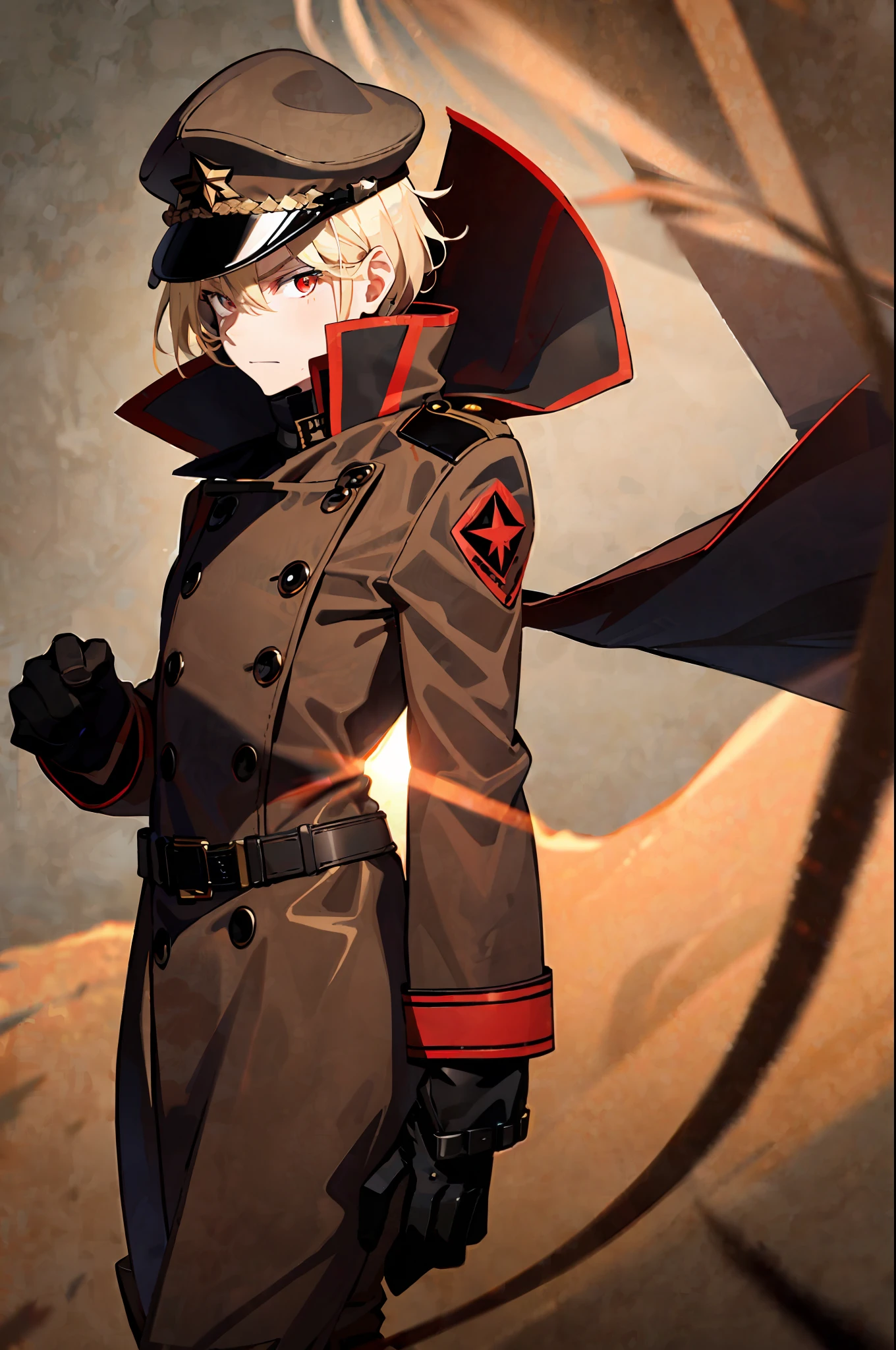 Male, back blonde hair [(brown coat) + (black boots) + (dark brown pants) + (black gloves) + (brown military cap) + (red star: 0.9)], golden light and shadow, desert war background, sandstorm, wind blowing dynamic, sunlight shining a faint rear light, full of wilderness sense shooting angle.