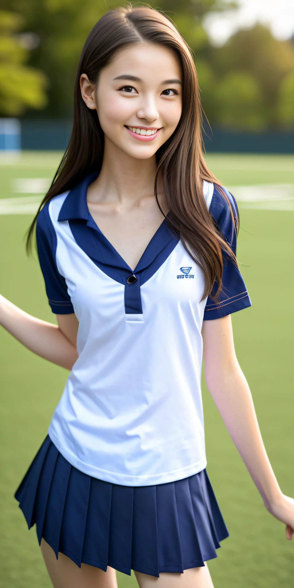 neat college girl, petite, (school uniform, Y-shirt, summer clothes), outside the athletic field, (slim), photorealistic, detail, skin texture, ultra detail, delicate and sexy collarbone, smile, super detailed face, detailed lips, detailed eyes, double eyelids, small breasts, small breasts, small, flat breasts, breast enhancement