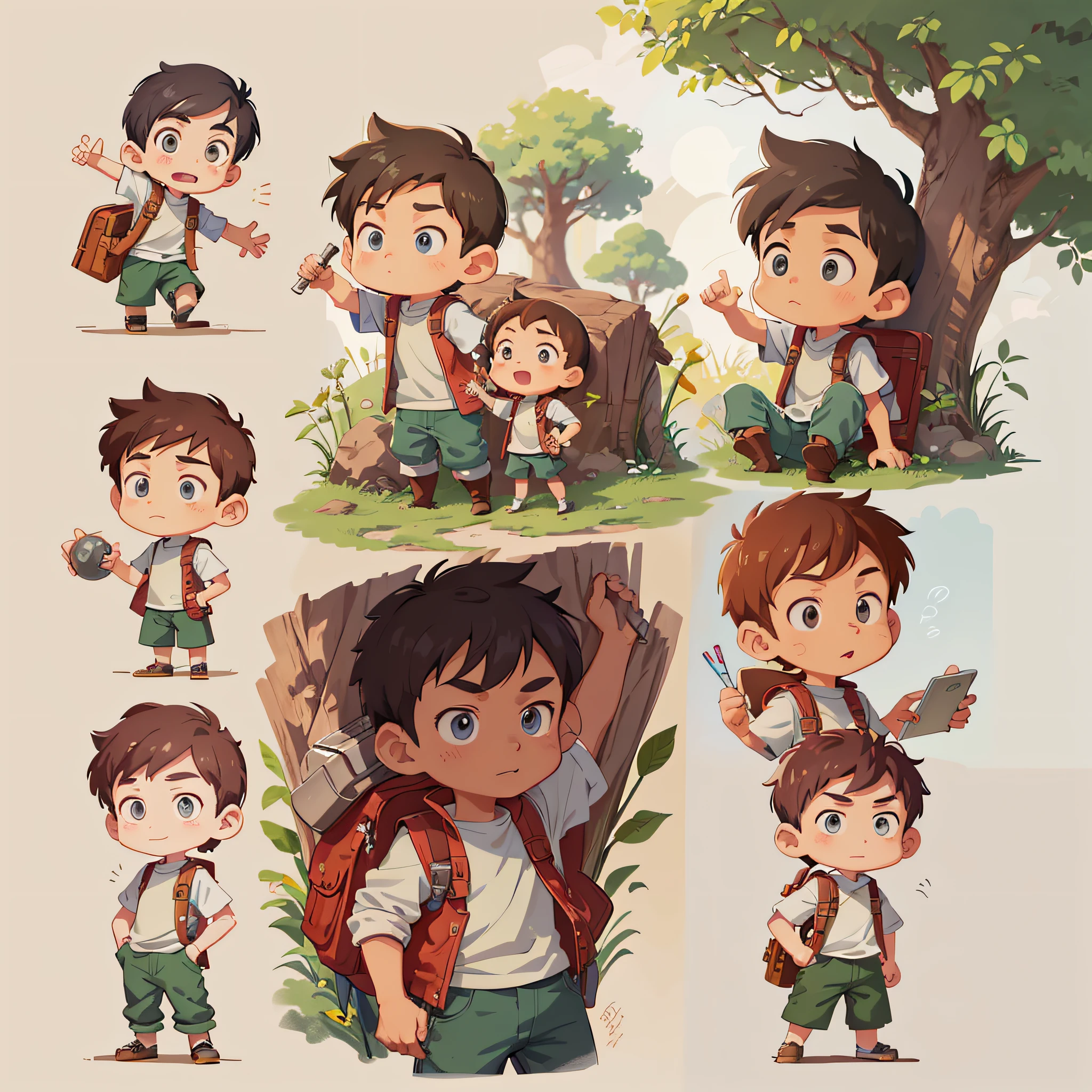 cartoon character of a boy with different poses and expressions, childrens art in artstation, concept art of single boy, highly detailed character design, high quality character design, by Ryan Yee, game character design, scout boy, cute cartoon character, detailed character design, very stylized character design, cute art style, game character art, cartoon concept art, character design