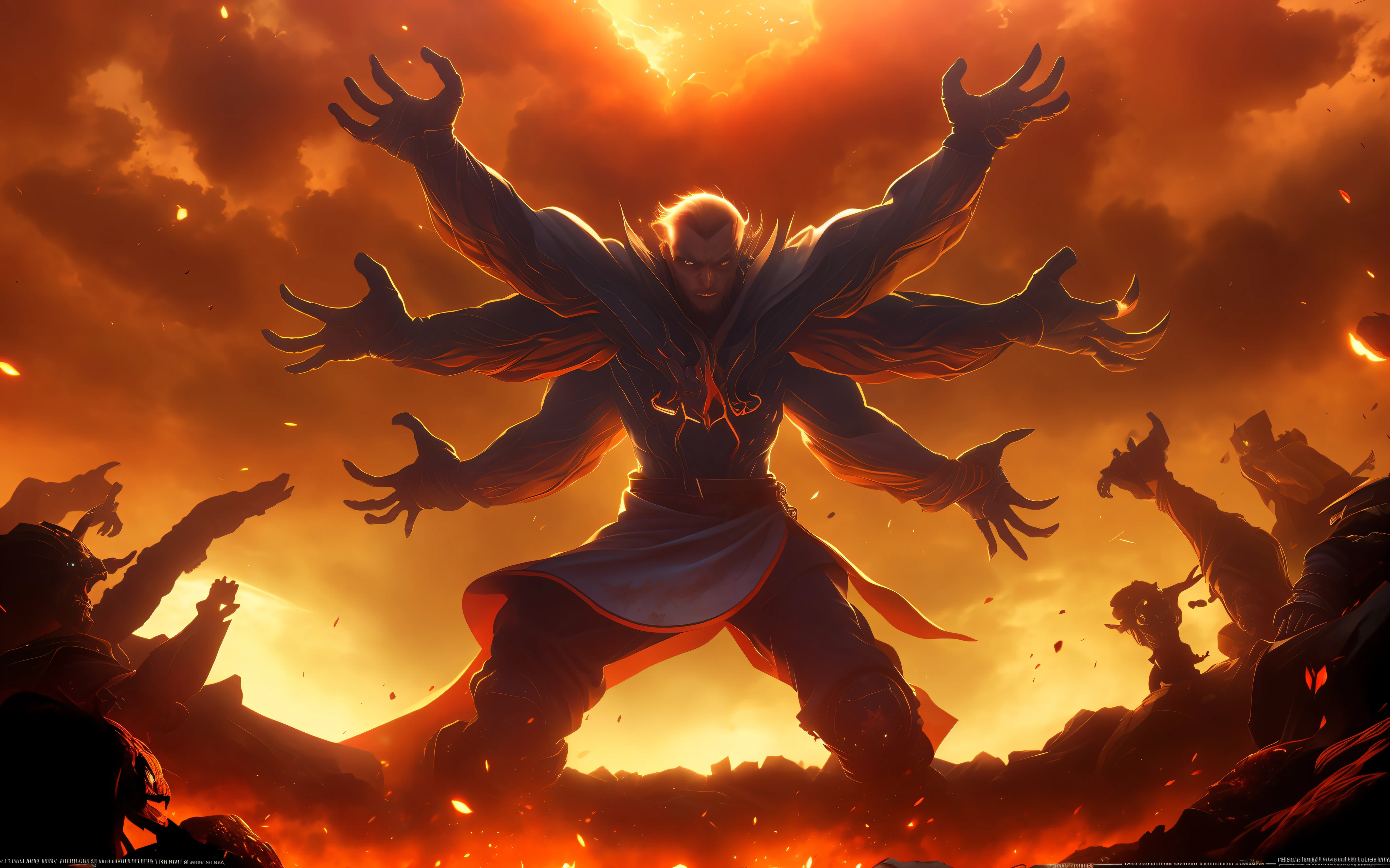 Official Art, Unified 8k Wallpapers, Ultra Detailed, Beautiful and Aesthetic, High Quality, Beauty, Masterpiece, Best Quality, 1 Man, Three Heads and Six Arms, Battlefield, Many People