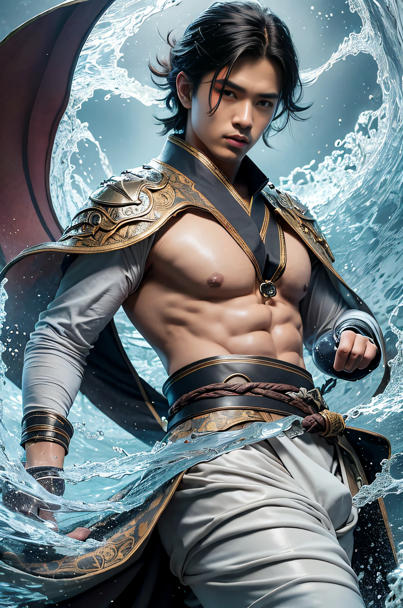 Best quality, masterpiece, super high resolution, hanfu, jade water book, black hair, water, waves, crashing waves, spells, fa gong, (absurd, high resolution, super detailed), Asian, 1 male, eighteen-year-old boy, handsome, tall muscular man, broad shoulders, very short hair, bottom cut, dark brown eyes, fine eyes and detailed face, extremely detailed CG Unity 8k wallpaper, intricate details, (Style Swirl Magic: 0.7), Looking at the Audience, Solo, (Full Body: 0.6), Detailed Background, Detailed Face, (European Medieval Fantasy Theme: 1.1), Hair Fluttering in the Wind, Martial Artist, Dynamic Pose, Fighting Stance, Clenched Fists, Fingerless Gauntlet, Wristband, Dragon-themed Costume, Monk Robe, , Rotating Floating Particles, Dynamic Composition, Upper Body Naked, Big Muscles, White Rubber Pants, ((((crotch bulge))))