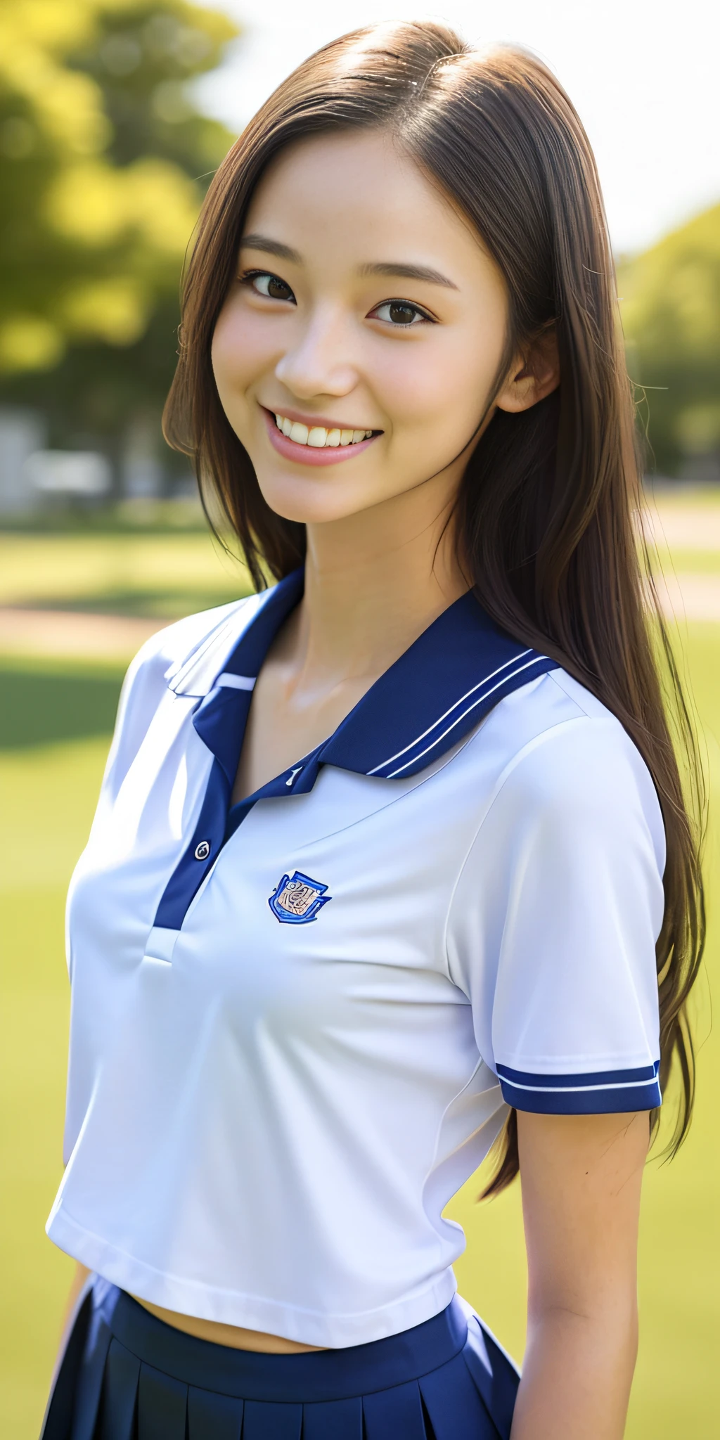 neat college girl, petite, (school uniform, Y-shirt, summer clothes), outside the athletic field, (slim), photorealistic, detail, skin texture, ultra detail, delicate and sexy collarbone, smile, super detailed face, detailed lips, detailed eyes, double eyelids, small breasts, small breasts, small, flat breasts, breast enhancement