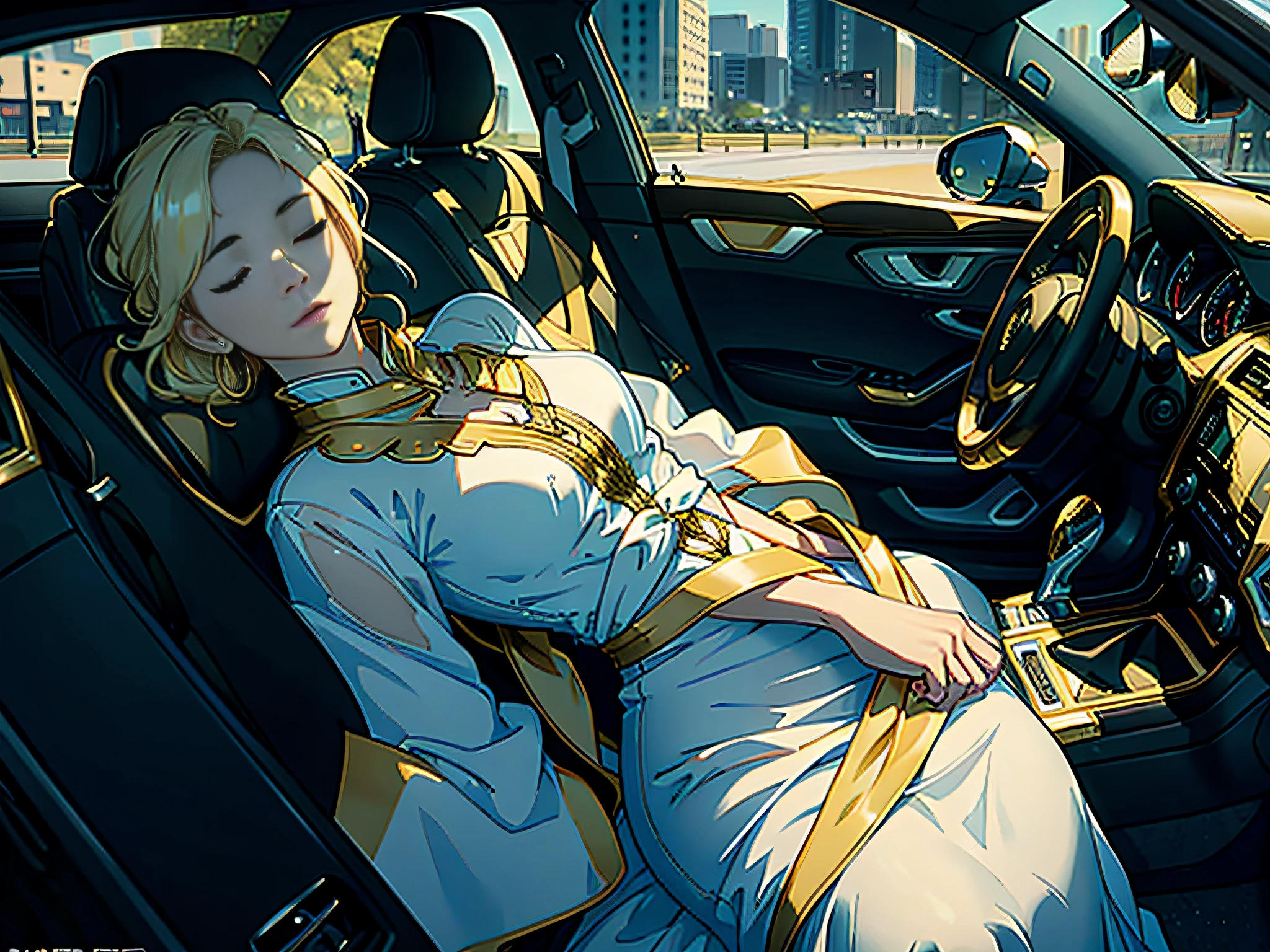((Masterpiece)), ((Best Quality)), 8K, HD, Super Detail, (Woman), (White dress studded with yellow gold rims), (Golden hair shawl scattered), (Expression closed eyes) (Sleeping in a car 1.6) (Full Body Display 1.4) The artwork is a masterpiece, with the best quality and super detail, captured in 8K HD. Photographic realistic, realistic, very detailed illustrations realistic, octane rendering
