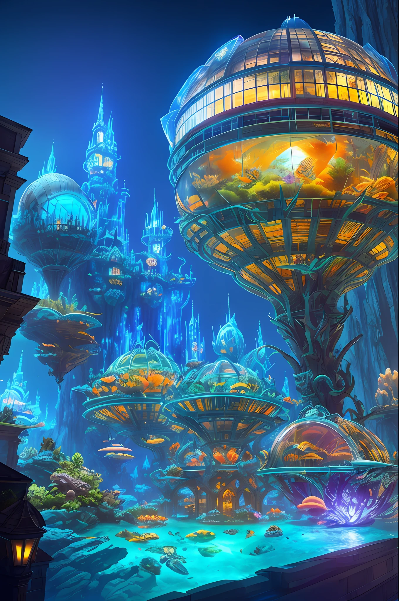 Epic fantasy concept, modern transparent building at night as a huge aquarium containing sea creatures, nice colorful light decorations, wide angle lens, 8k octane rendering, realistic, cinematic lighting, detailed architecture, detailed fish
