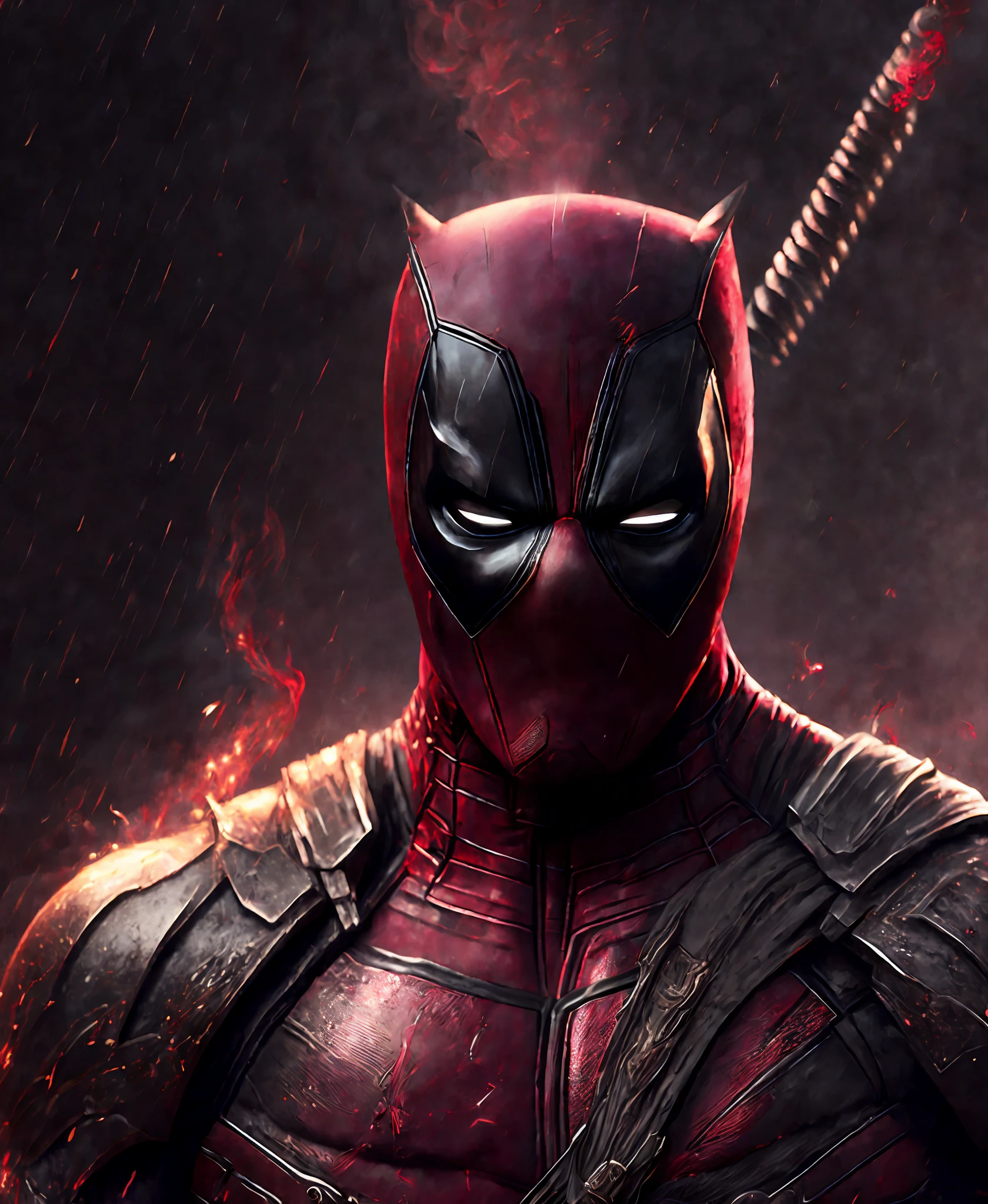Close-up (Deadpool from Marvel in Viking style: 1.3) emerging from wet black mud, extremely detailed, smoke, sparks, metal shavings, flying debris, volumetric light