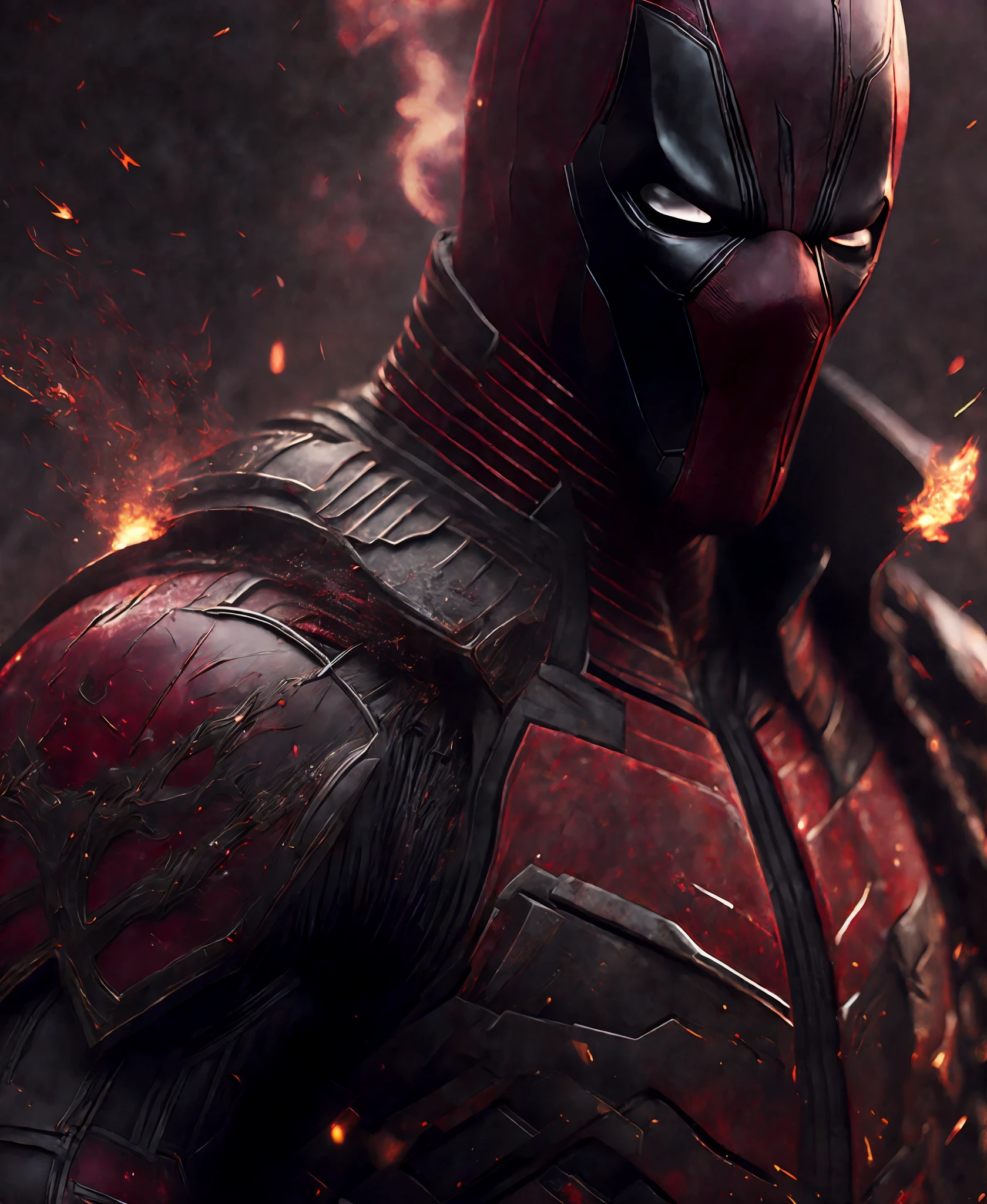 Close-up (Deadpool from Marvel in Viking style: 1.3) emerging from wet black mud, extremely detailed, smoke, sparks, metal shavings, flying debris, volumetric light