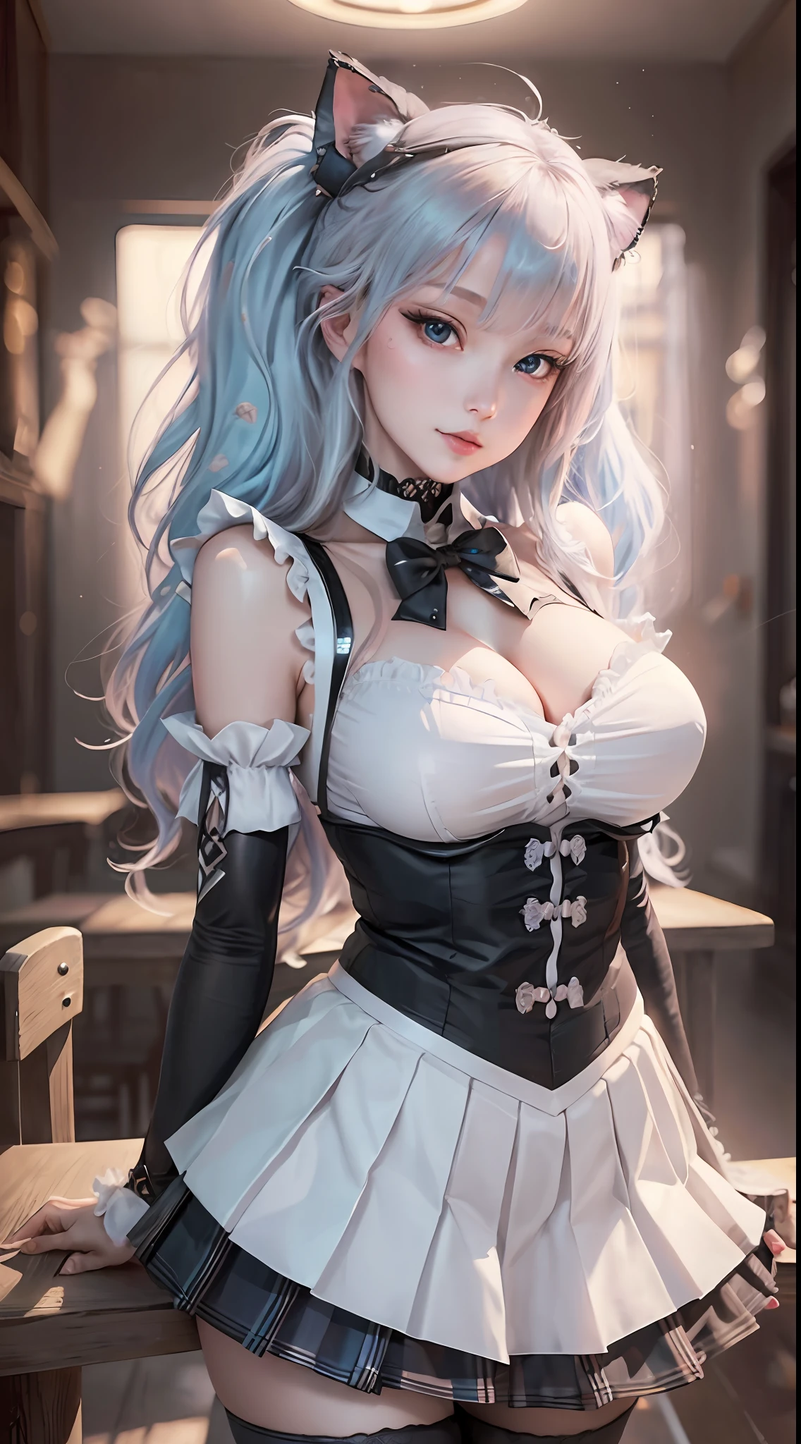 intricate, hyper detailed, from below, skirt, pantyhose, panties under pantyhose, maid cafe, stockings, cat ears, (maid costume:1.2), kiss, choker, bowtie, (pleated skirt:1.3), lora:shirtliftALORAFor_shirtliftv1:1.5, lora:breastinclassBetter_v141:.5 , extremely detailed eyes, extremely detailed face, cute, (photorealistic:1.3), sexy lips, seductive smile, double eyelids, eyelashes, pale skin, perky breasts, full body portrait, textured skin, 4K, RAW, best quality, sharp, hyper realistic, tall, (long slim legs:1.2), (thigh gap:1.2), blush, delicate and beautiful girl, 1girl, solo, (stunningly attractive:1.3), (dramatic:1.2),(masterpiece, best quality, ultra detailed, 8k, RAW photo:1.2), (Unreal Engine, photorealistic:1.1), (beautiful detailed face, a photography of a beautiful girl), (cowboy shot:1.2), (looking at the camera:1.1) BREAK (1girl), (full body:1.2), (beautiful hair), (extremely detailed CG unity 8k wallpaper of a girl with kawaii hairstyle and white marble glowing skin and perfect symmetrical pretty face:1.3), (blue hair:1.3), (sad:1.2), soft light, (over 12 years old, under 20 years old:1.2) BREAK ), gigantic breasts from azur_lane, (cleavage:1.2), (sexual pose:1.3) BREAK (on the table:1.3), (see the persons:1.2), (looking from behind:1.2), taken by Canon EOS, SIGMA Art Lens 35mm F1.4, ISO 200 Shutter Speed 2000