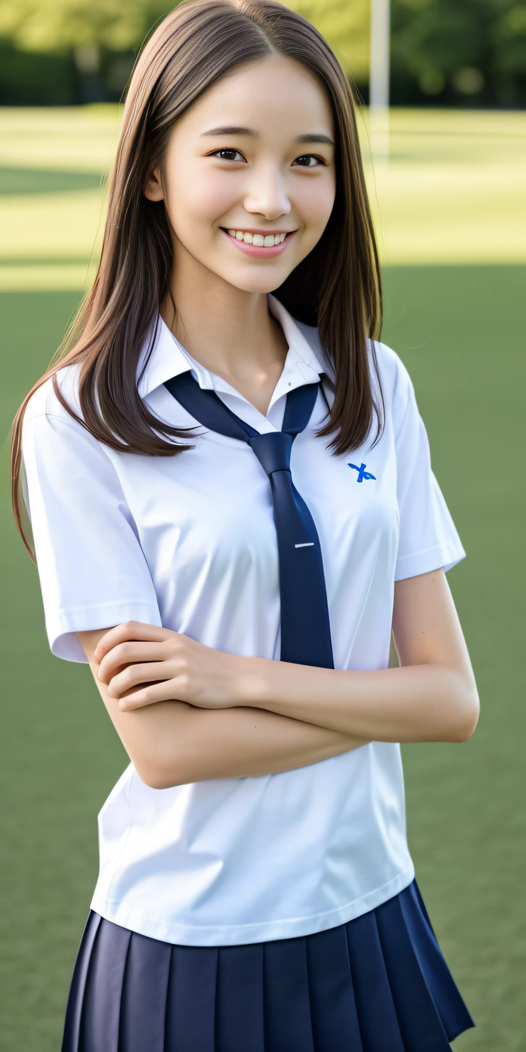 neat college girl, ite, (school uniform, Y-shirt, summer clothes), outside the athletic field, (slim), photorealistic, detail, skin texture, ultra detail, delicate and sexy collarbone, smile, super detailed face, detailed lips, detailed eyes, double eyelids, small breasts, small breasts, small, flat breasts, breast enhancement