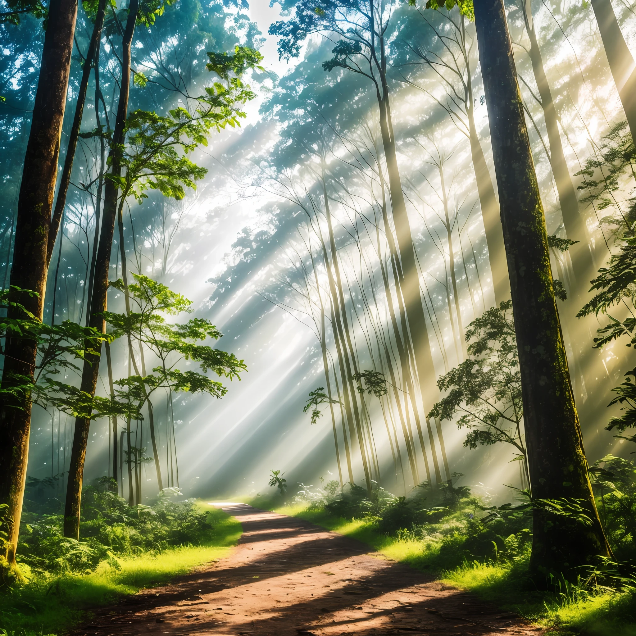 Amazonian nature, tall trees, fog, dawn, rays of sun crossing the trees, flowers on the ground, high definition, contrasting colors --auto --s2