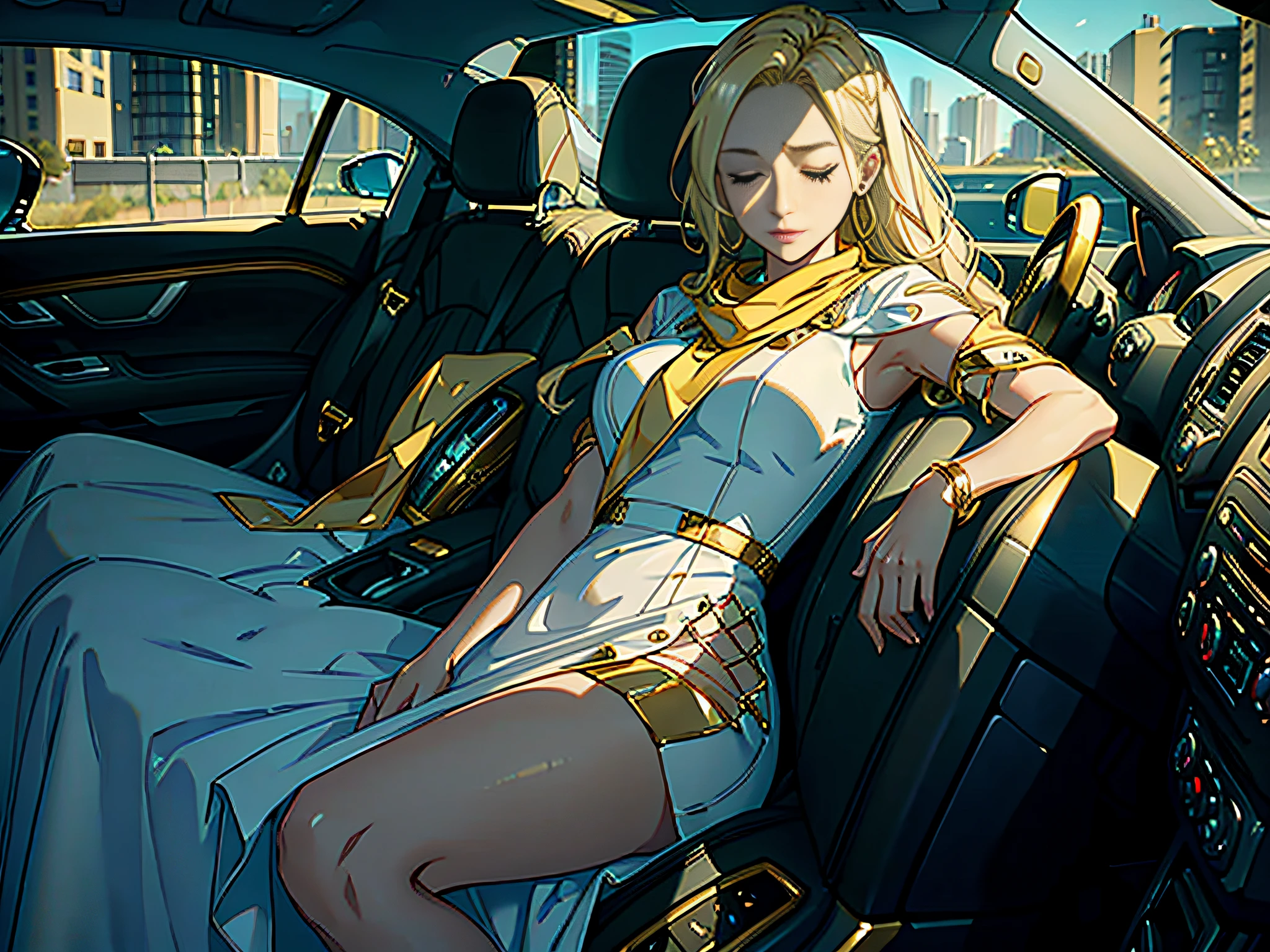 ((Masterpiece)), ((Best Quality)), 8K, HD, Super Detail, (Woman), (White dress studded with yellow gold rims), (Golden hair shawl scattered), (Expression closed eyes) (Sleeping in a car 1.6) (Full Body Display 1.4) The artwork is a masterpiece, with the best quality and super detail, captured in 8K HD. Photographic realistic, realistic, very detailed illustrations realistic, octane rendering