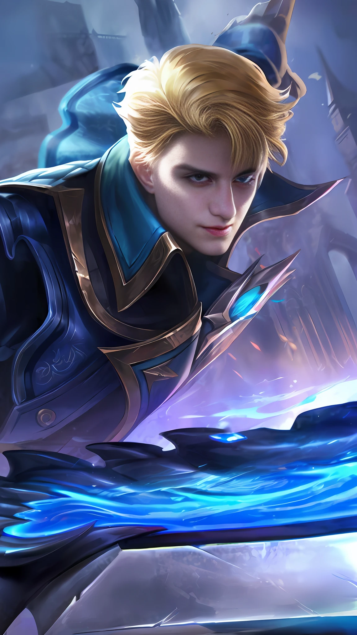 (Absurdres, Intricate Details, Masterpiece, Best Quality, High Resolution, 8k), 1 male, thin, young, aged up, masked, finely detailed eyes and face, auburn low-fade hair, amber eyes, portrait,  looking at viewer, solo, half shot, detailed background, (light fantasy theme:1.1),  focusing, mercenary,  sunshine, floating scraps,  color plate armor, divine aura, bright realistic lighting, marble castle, intense atmosphere, circlet, coat of arms,  brazier,  , Depth of Field, VFX. wear an eyepatch, open eyes, beautiful eyes