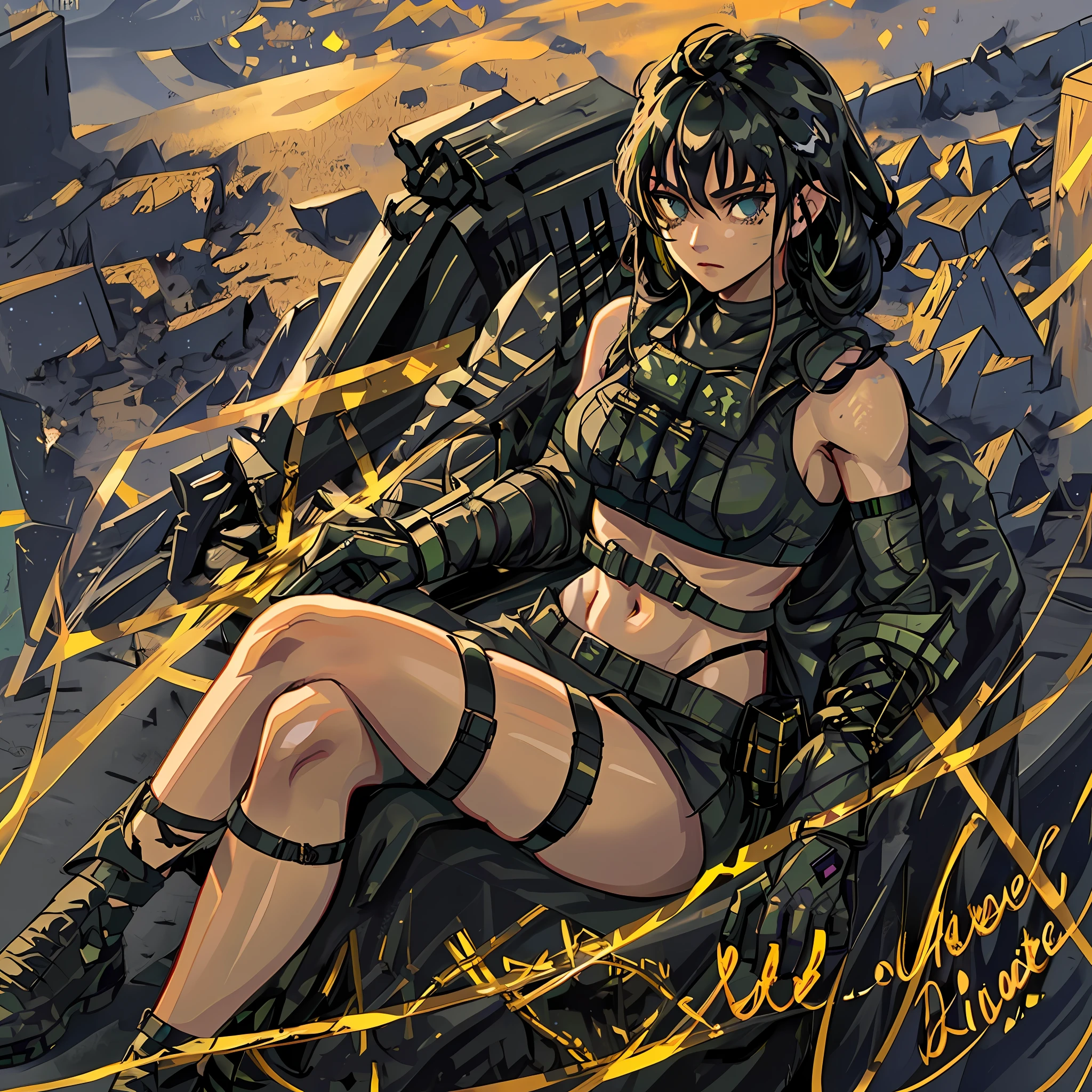 there is a girl in the dark sitting on top of a car, wearing night vision goggles, special forces operator, call of duty: modern warfare, tactical vest, tactical outfit, crop top, arm band, gloves, elbow pads, knee pads, blonde hair, anime, anime girl, tactical look, serious expression, green night vision, masterpiece, 4k, highres, dark and serious lighting, midnight, monotone color scheme, freckles, great details, detailed, tanned skin, lightly freckled body, slight glint in her eyes, ?????????????, thick thighs, lean and muscular physique, large rear, parking lot area, 1girl, solo, girl wearing goggles, girl wearing night vision goggles