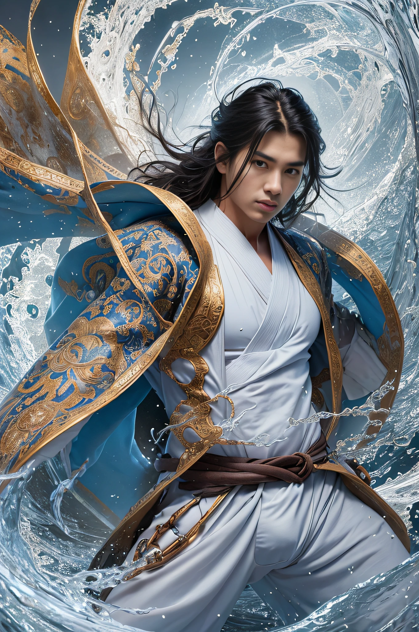 Best quality, masterpiece, super high resolution, hanfu, jade water book, black hair, water, waves, crashing waves, spells, fa gong, (absurd, high resolution, super detailed), Asian, 1 male, eighteen-year-old boy, handsome, tall muscular man, broad shoulders, very short hair, bottom cut, dark brown eyes, fine eyes and detailed face, extremely detailed CG Unity 8k wallpaper, intricate details, (Style Swirl Magic: 0.7), Looking at the Audience, Solo, (Full Body: 0.6), Detailed Background, Detailed Face, (European Medieval Fantasy Theme: 1.1), Hair Fluttering in the Wind, Martial Artist, Dynamic Pose, Combat Stance, Clenched Fists, Fingerless Gauntlet, Wristband, Dragon-themed Costume, Monk Robe, Rotating Floating Particles, Dynamic Composition, Upper Body Naked, Big Muscles, White Rubber Pants, ((((Crotch Bulge)))