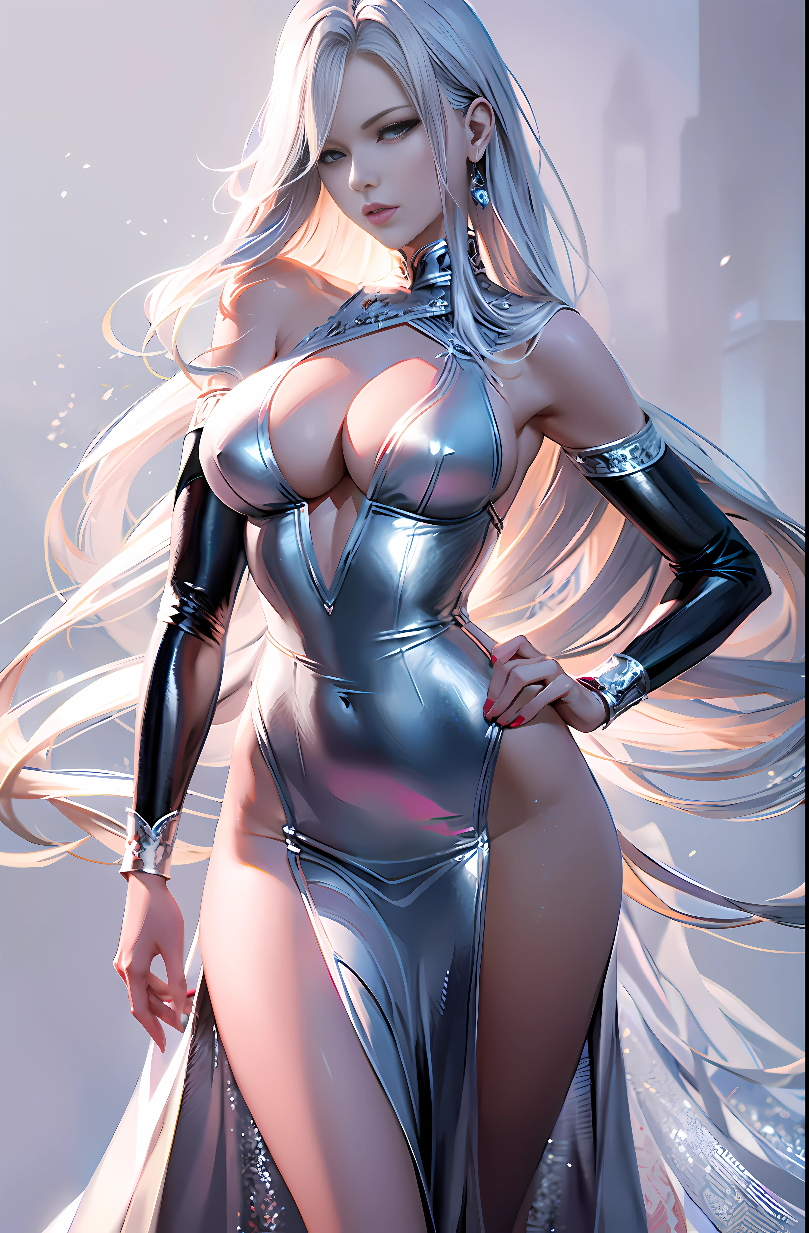 Master anime work, impeccable masterpiece, a y matdern woman in cool sexy modeclothes standing on a pure white background, flowing silver hair, full body standing, slender legs, straight breasts, detace details, natural and beautiful standing, vivid and real body details, perfect abdomen