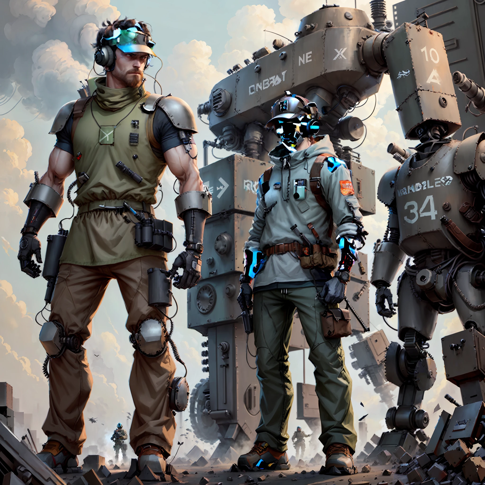 man with robotic arm, cybernetics, has large anti-tank rifle, casual clothes. Headphones with visor