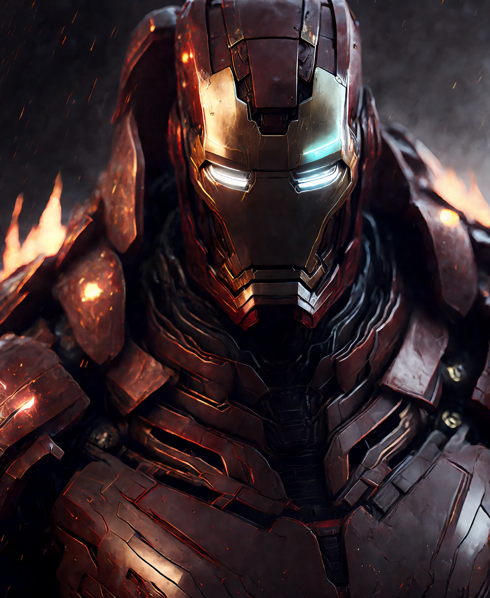 Close-up (Iron Man from Marvel in Viking style: 1.3) emerging from wet black mud, extremely detailed, smoke, sparks, metal shavings, flying debris, volumetric light