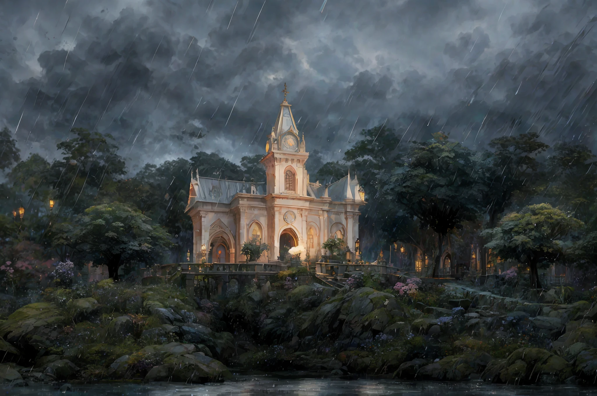 heavy nocturnal, with raindrops falling from the trees and thunder rumbling in the distance, masterpiece, best quality, high quality, extremely detailed CG unit 8k wallpaper, oil painting, award-winning photography, Bokeh, Depth of field, HDR, flower, chromatic aberration, photorealistic, extremely detailed, trend in artstation, trend in CGsociety, intricate, high detail, dramatic, art in the middle of the journey, (volumetric illumination: 1.2)