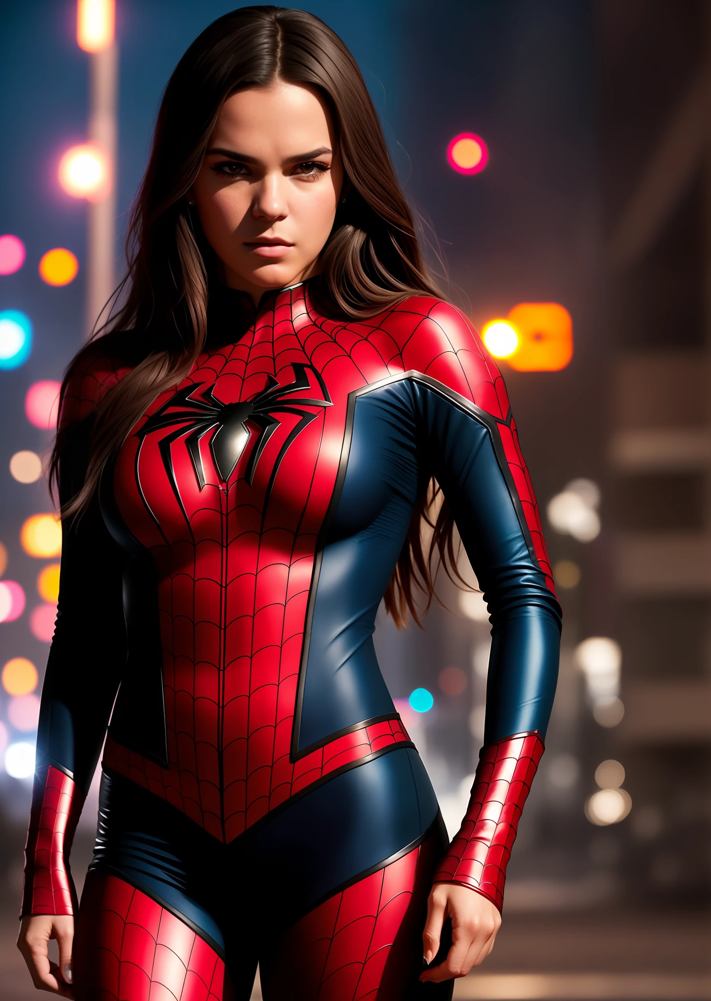 bruna marquezine in Spider-Man costume, 20s, photo of dirty woman with angry look, big breasts, superhero pose, standing in ruined city at night, hyperdetailed, (8k), realistic, symmetrical, award-winning, cinematic zipper, soaked, film, 75mm, scratches, full body shot, close-up, torn and dirty clothes, detailed face