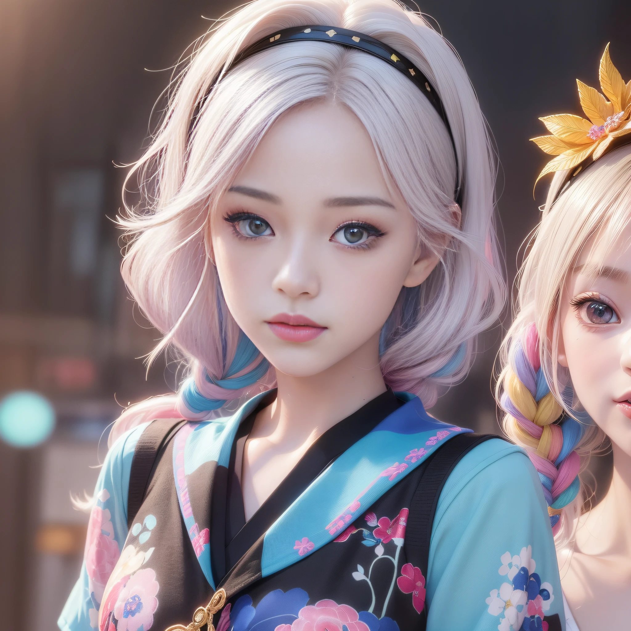 HD, 4K, 8K, Mild Sunshine, Sweet Style, ((((Colorful Character Screen)))), Clean and Neat Picture, Crystal Clear Picture Sense, (((((beautiful)))), Close-up of a woman with short hair, faint smile , (Colorful hair: 60), Chinese girl:,(((Black pupil))), Black pupils, Kawaii realistic portrait, upper body, upper body portrait, waist above photo, (front face photo: 20), Colorful braids, realistic hair, beautiful anime style, pure white background, white short sleeves, simple pattern on clothes, realistic anime art style, beautiful anime portrait, realistic anime art style, anime style. [Stunning anime face portrait, colorful]", vibrant fantasy style, cute art style, vibrant realistic colors, anime realism style, beautiful anime girls, characters as core, digital art, realistic style, live-action CG, colorful headband, looking at the audience.
