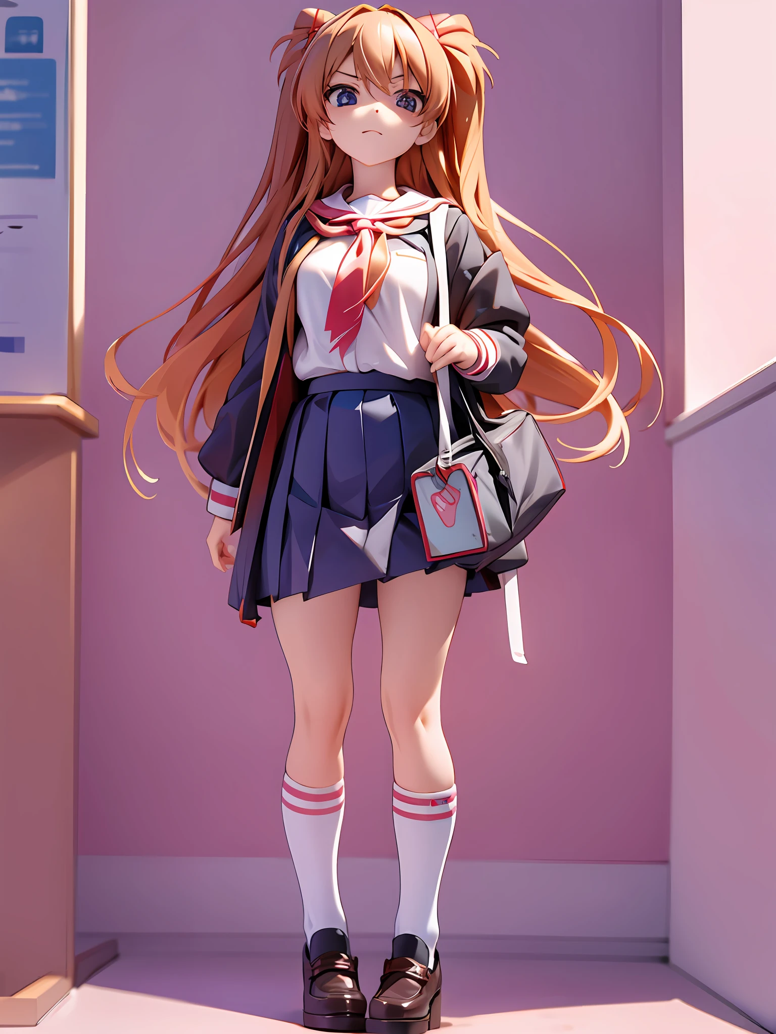 Asuka, 1 girl, school uniform, 8k, best quality, proud expression, serious expression, full body, chibi,