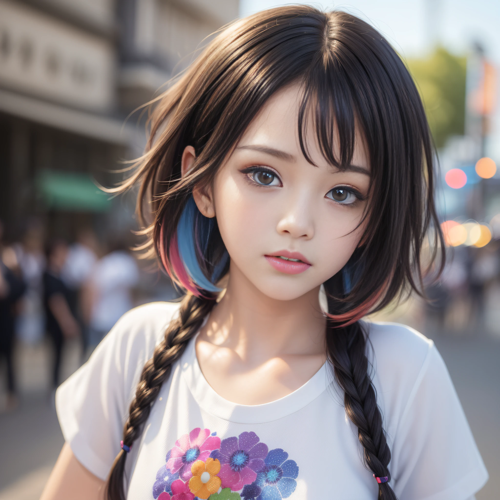 HD, 4K, 8K, Mild Sunshine, Sweet Style, ((((Colorful Character Screen)))), Clean and Neat Picture, Crystal Clear Picture Sense, (((((beautiful)))), Close-up of a woman with short hair, faint smile , (Colorful hair: 60), Chinese girl:,(((Black pupil))), Black pupils, Kawaii realistic portrait, upper body, upper body portrait, waist above photo, (front face photo: 20), Colorful braids, realistic hair, beautiful anime style, pure white background, white short sleeves, simple pattern on clothes, realistic anime art style, beautiful anime portrait, realistic anime art style, anime style. [Stunning anime face portrait, colorful]", vibrant fantasy style, cute art style, vibrant realistic colors, anime realism style, beautiful anime girls, characters as core, digital art, realistic style, live-action CG, colorful headband, looking at the audience.