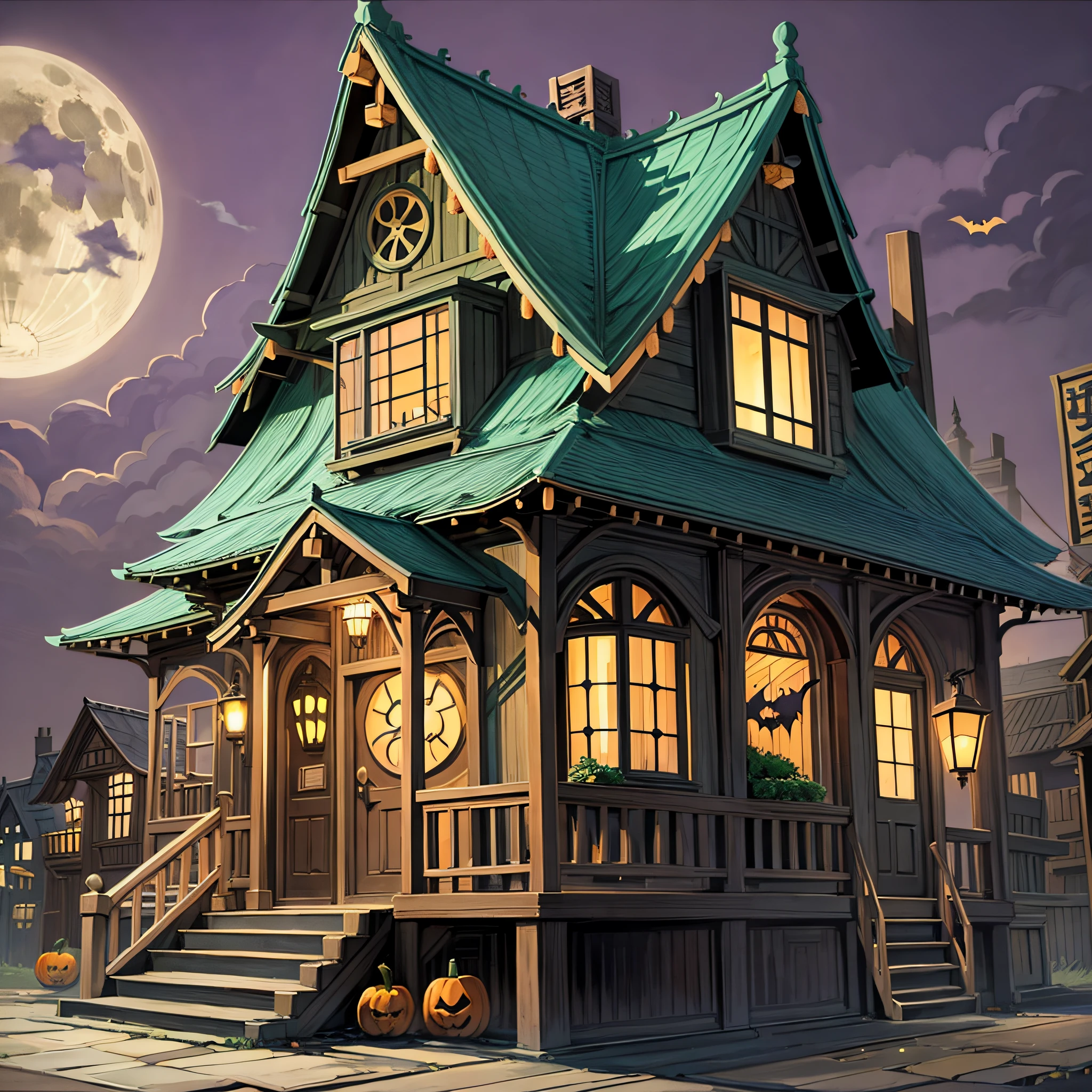 halloween backdrop, candy house in the night, studio Ghibli style, proportions 480×360 --auto --s2