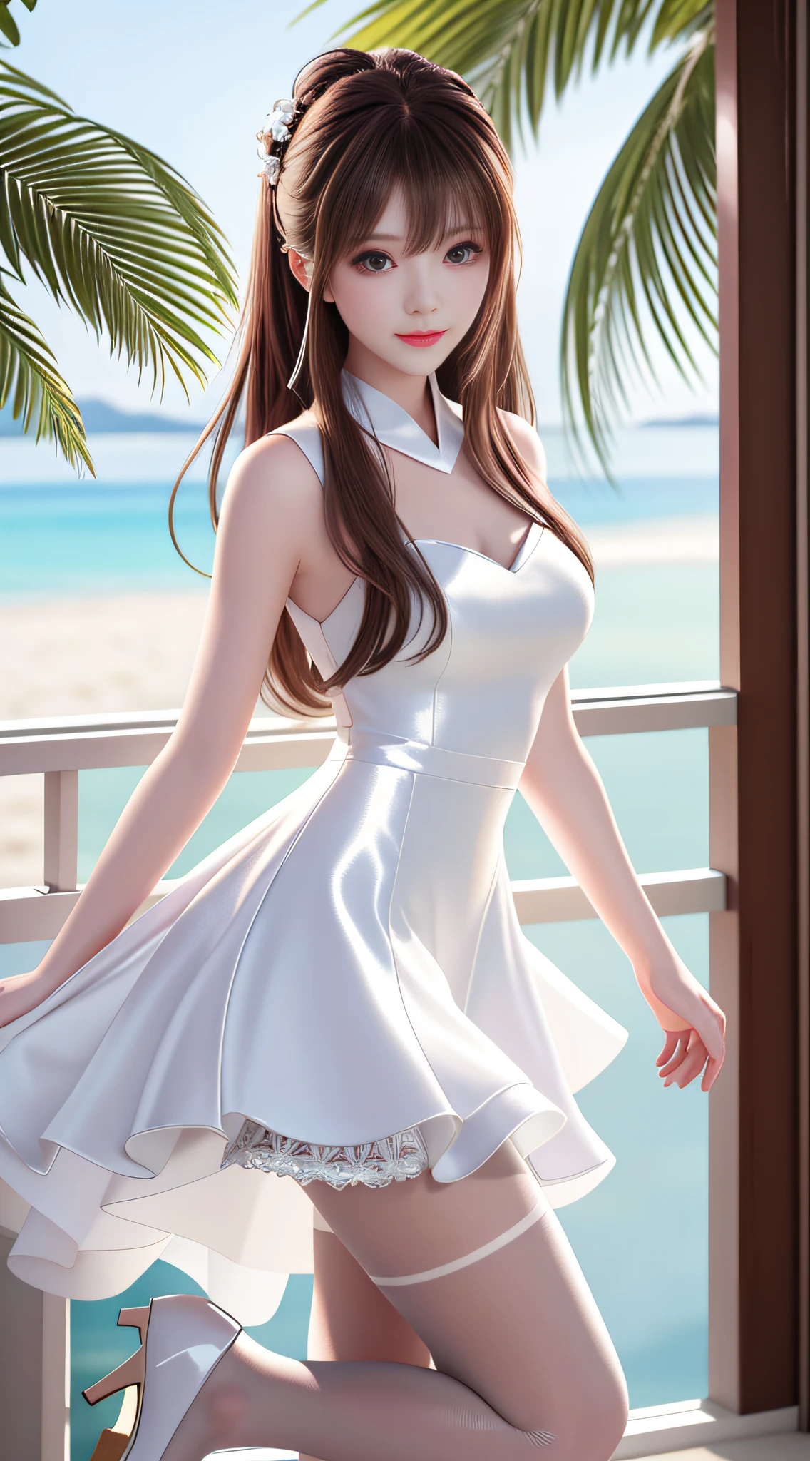 Best quality, masterpiece, high resolution, anatomically correct drawing, one girl, white dress, shiny thin pantyhose, light gray pantyhose, one girl, full body drawing, cute Japan woman, beautiful face, height 165cm, bangs, brown hair, white high heels, tropical seaside background, sunlight, beautiful woman, beautiful eyes, very cute, black eyes, center image, octoed body, 8k resolution, human hands, elegant Smooth, facing the viewer, shot in real natural light, beautiful hairstyle, beautiful face, anatomically correct drawing, volumetric lighting, tyndall effect, photorealistic, soft lighting