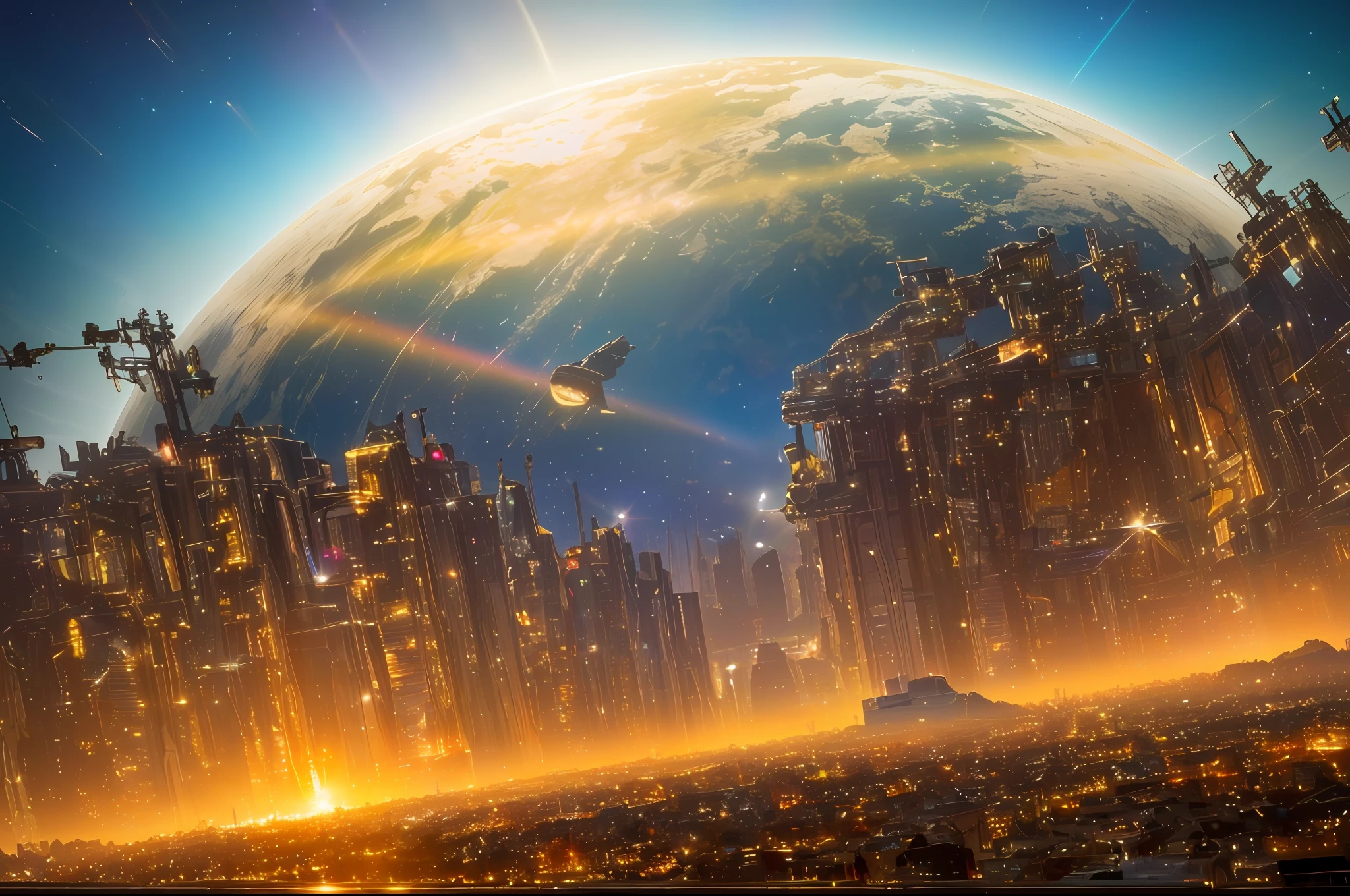 Realism style, space, galaxy, ((8K quality)), ((realism)), futuristic city, masterpiece, epic, majestic, best quality, very high resolution, 8k, hdr, digital photography, clear beautiful, iridescent, transparent, translucent, reflection, refraction, diffraction, caustic, volumetric light, volumetric shadow, (very detailed and refined: 1.2), (very detailed and beautiful: 1.2), partially backlit, ( Lighting outside the sunset frame and nearby lighting: 1.3), (realistic lighting: 1.2), (dynamic colors from lighting: 1.2), (complex details: 1.3), hyper-detailed, surreal, (sharp focus: 1.2), (SFW: 1.2),
