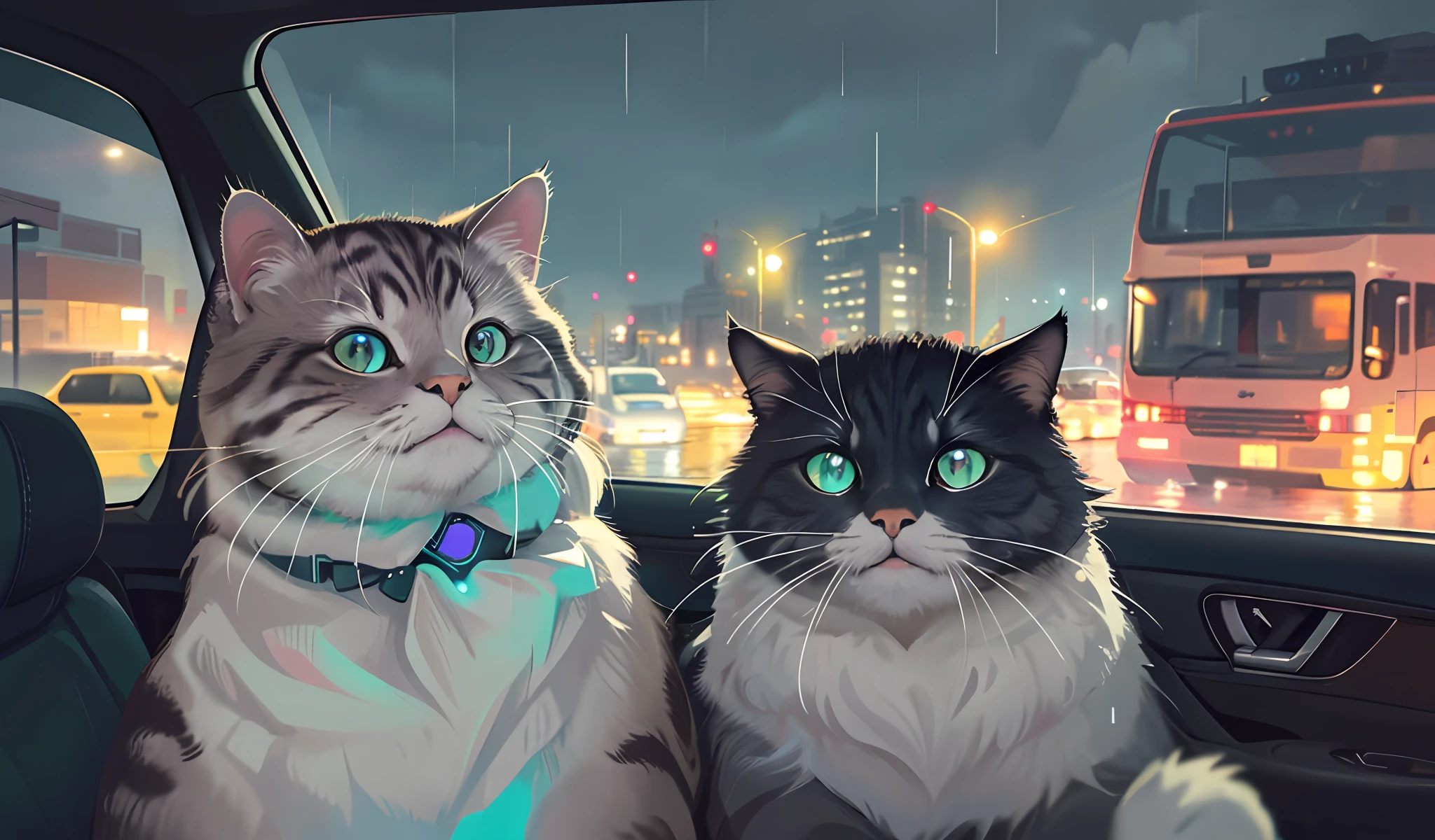 Rain, Night City, ((a cat in clothes)),, (A cat: 5.0), turquoise eyes, (night: 5.0), cloudy, (rainy days: 2.0), (back seat of the car: 1.2), (the subject's perspective is looking out the car window: 2.0), (the lens gives the car window out: 2.0), (eyes looking out the car window: 2.0), fluffy hair, anthropomorphic expressions, rich colors, exquisite details, masterpieces, realistic, artsation, cg, realistic, unreal Engine, True Light and Shadow, Beautiful Rich Colors, Amazing Detail, High Quality, (Best Quality: 1.0), (Ultra High Resolution: 1.0)