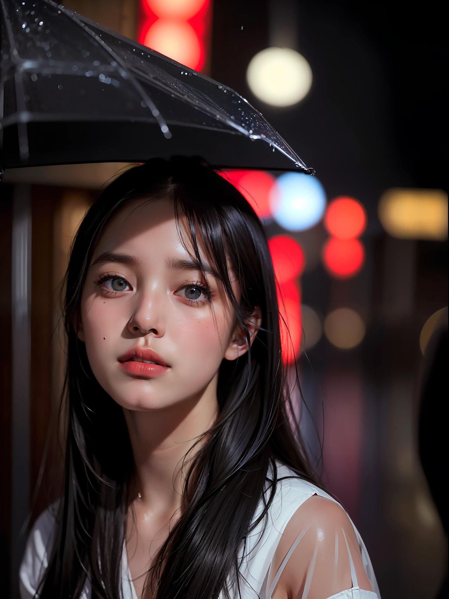 Best quality, masterpiece, ultra high res, (photorealistic:1.4), raw photo, 1girl, in the dark, deep shadow, low key, cold light, closeup, on the streets of Japan, night time , rainy night, Japan streets , neon lighting background