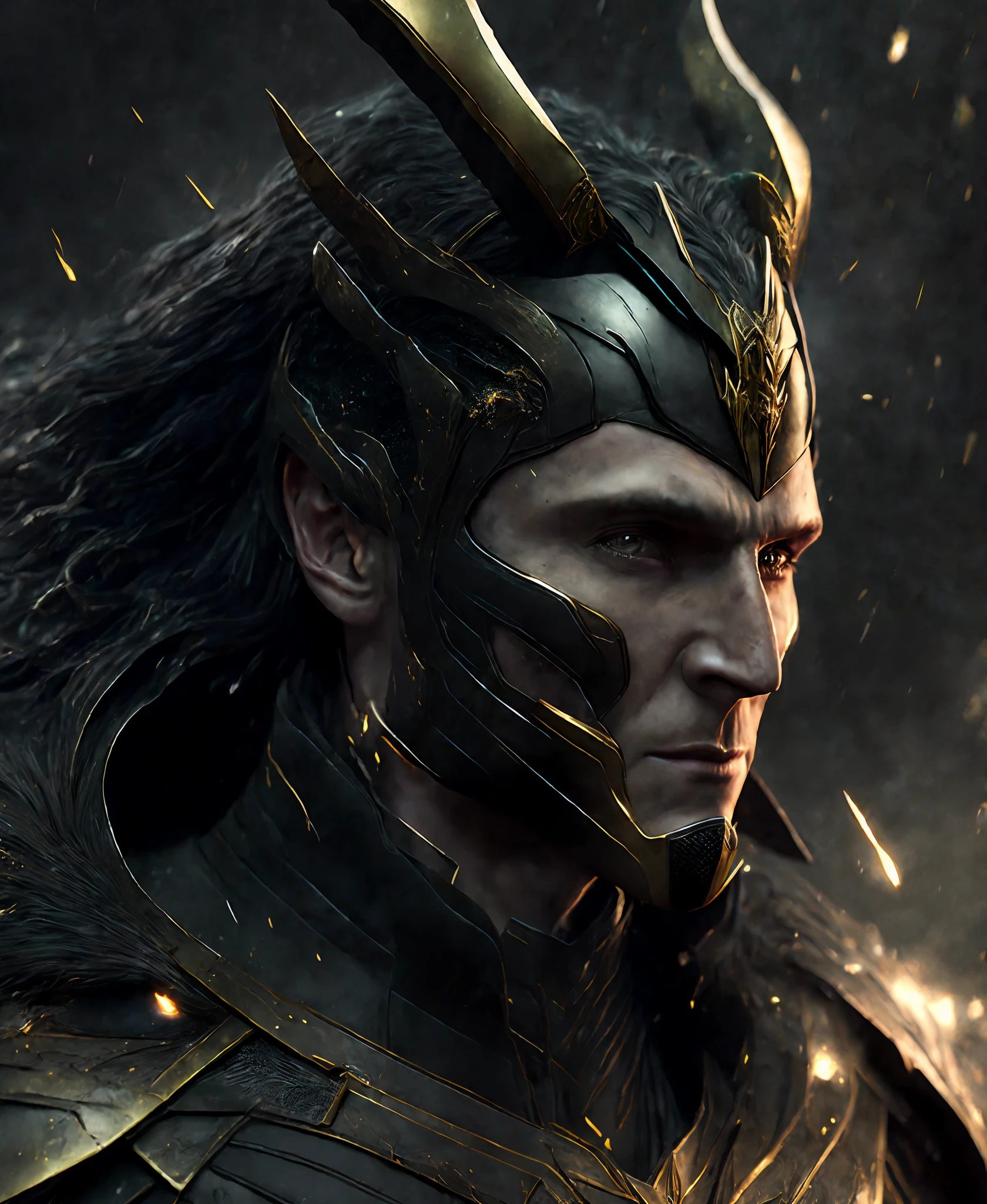 Close-up (Loki from Marvel in Viking style: 1.3) emerging from wet black mud, extremely detailed, smoke, sparks, metal shavings, flying debris, volumetric light