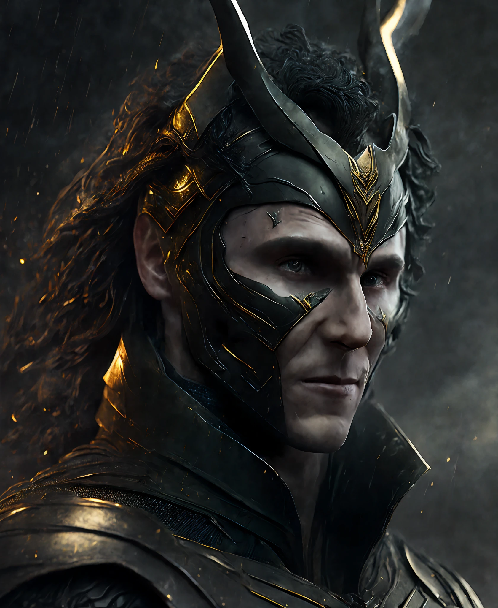 Close-up (Loki from Marvel in Viking style: 1.3) emerging from wet black mud, extremely detailed, smoke, sparks, metal shavings, flying debris, volumetric light
