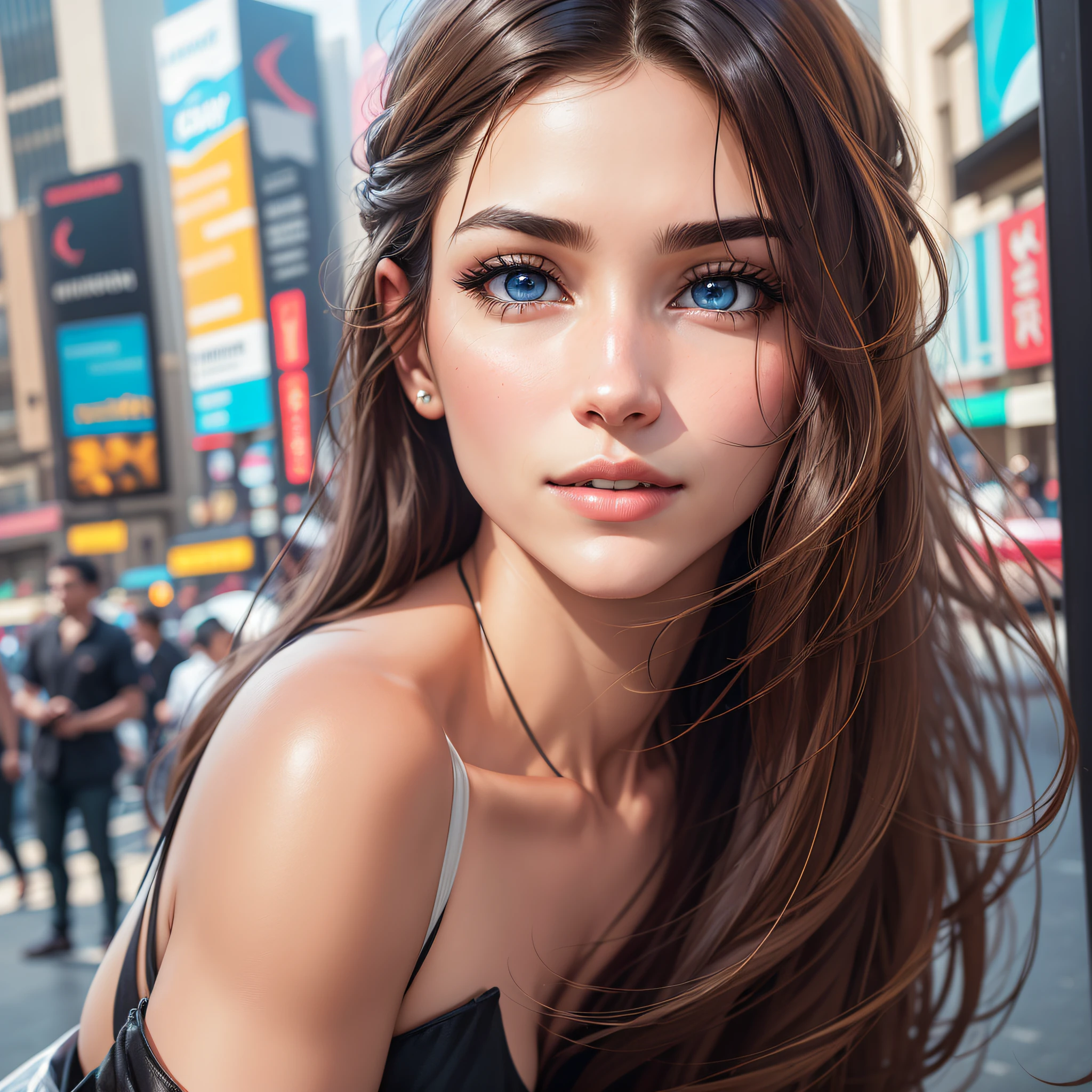 Inspired by a futuristic city, the sun shines brightly on a busy street teeming with life. Towering skyscrapers rise around, their glass facades reflecting the hustle and bustle of the environment. People walk down the sidewalk, with curious looks turned to a 28-year-old girl, absolutely stunning. His presence exudes confidence and strength of personality. With an elegant height of 1.75m, her athletic body is a harmonious combination of feminine curves and a healthy shape. His oval face is a true work of art, highlighting his delicately carved cheekbones and soft chin. A subtle smile plays on his lips, while his blue eyes, slightly pulled, enchant with a direct look at the camera. Her short, straight brown hair is perfectly shaped, with a few bangs gracefully framing her face. Nothing enough to hide his charming features. Her long, curved eyelashes frame her blue eyes, enhanced by a soft brown shadow that further intensifies her expression. Its skin, of fine texture and radiant, has a tan tone that shines with a soft and natural shine. As if capturing the essence of youth and vitality. The scenery around you complements its stunning aura. The bustling street comes alive with the energy of the futuristic city, while the towering towers soar into the sky, with their numerous glass windows reflecting the hustle and bustle of the street. This vivid and realistic image captures the essence of the 28-year-old girl, whose beauty captivates everyone around her. His challenging and confident look conveys a strong personality, ready to face any challenge that life may bring. --auto --s2