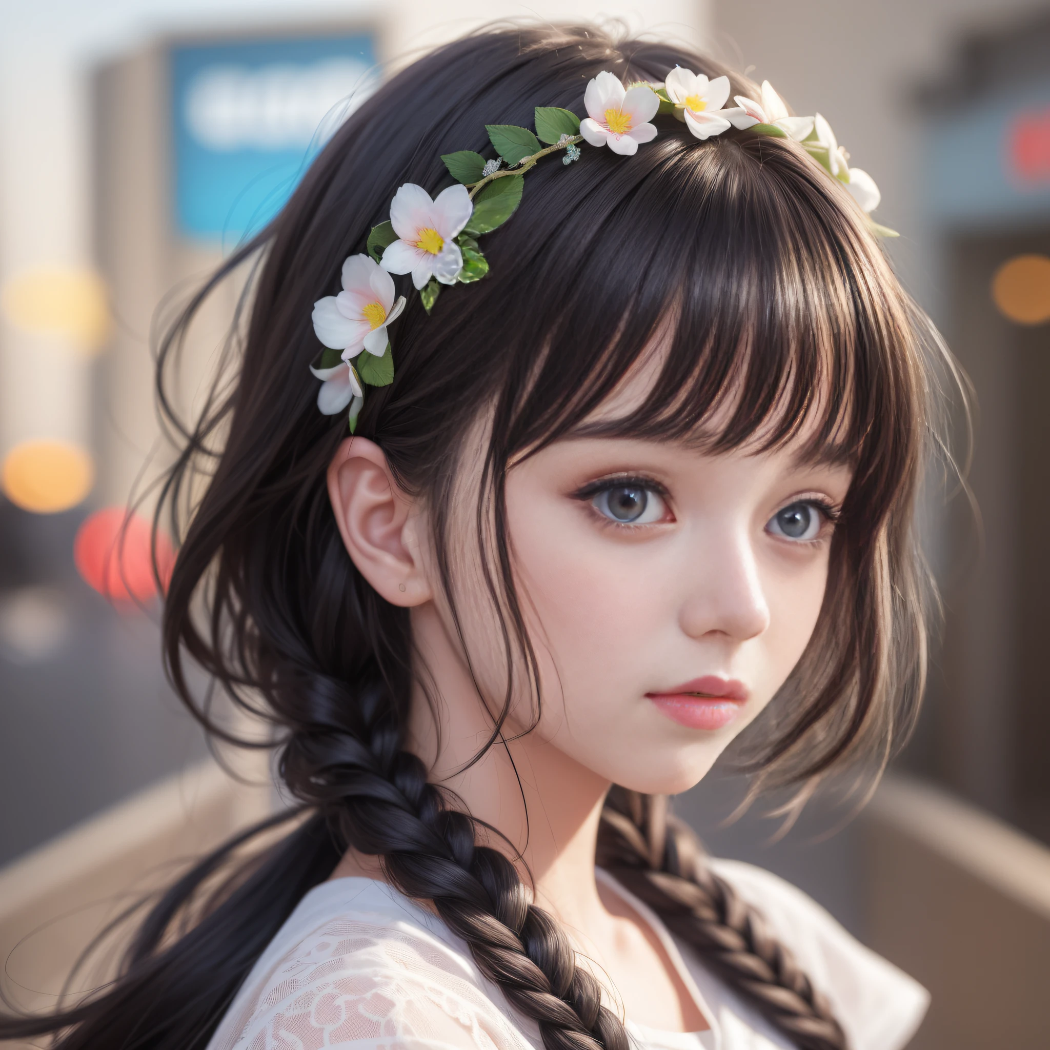 HD, 4K, 8K, Professional Photography, Professional Lenses, Medium Close-Up (Mcu), Mild Sunshine, Sweet Style, ((((Colorful Character Pictures)))), Clean and Neat Picture, Crystal Clear Picture Sense, ((((beautiful)))), Close-up of a woman with short hair, faint smile, (Colorful hair: 60), Chinese girl:,(((Black Pupil)))), Black pupils, Realistic portrait of kawaii, upper body, upper body portrait, waist above photo, (front face photo: 20), colorful braids, realistic hair, colorful headband, beautiful anime style, pure white background, white short sleeves, simple pattern on clothes, realistic anime art style, beautiful anime portrait, realistic anime art style, anime style. [Stunning anime face portrait, colorful]", vibrant fantasy style, cute art style, vibrant realistic color, anime realism style, beautiful anime girl, character as core, digital art, realistic style, live-action CG, looking at the audience.